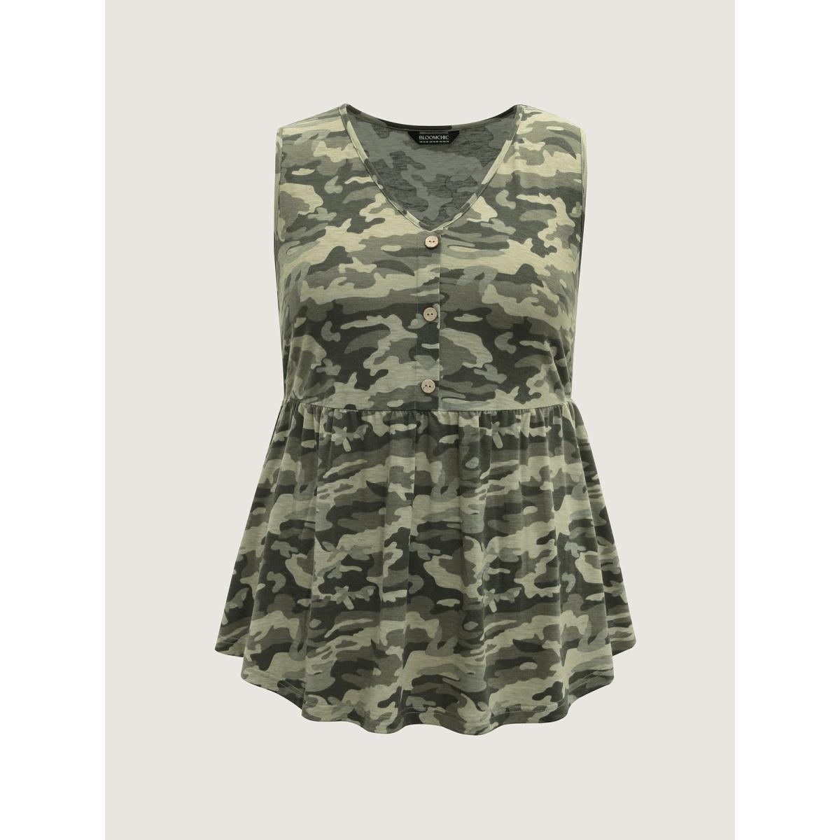 Plus Size Camouflage Print Cinched-Waist Tank Top Women Multicolor Leisure Gathered V-neck Casual Tank Tops Camis BloomChic 10/M Product Image