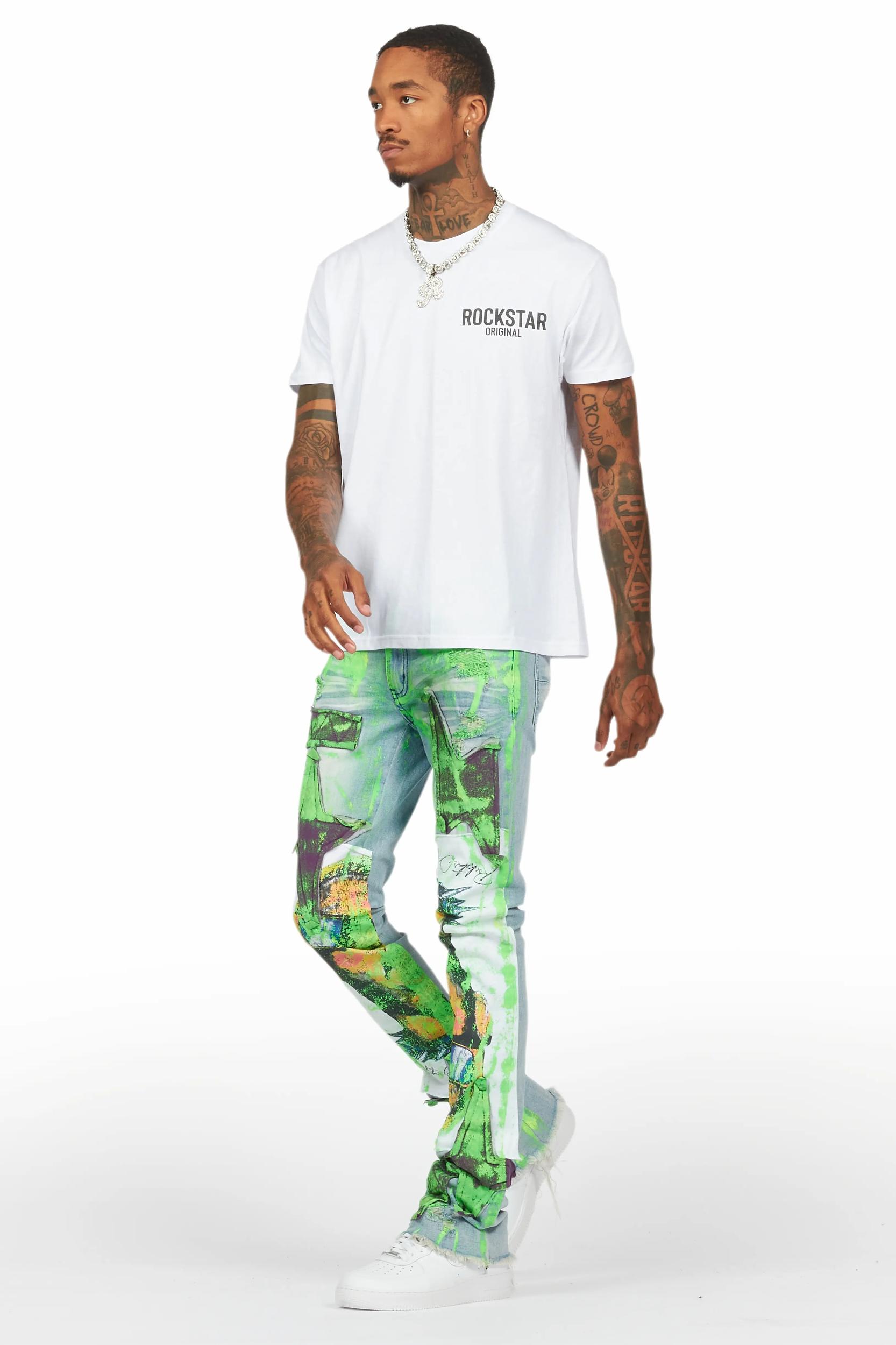 Savier Blue/Green Roller Paint Stacked Flare Jean Male Product Image