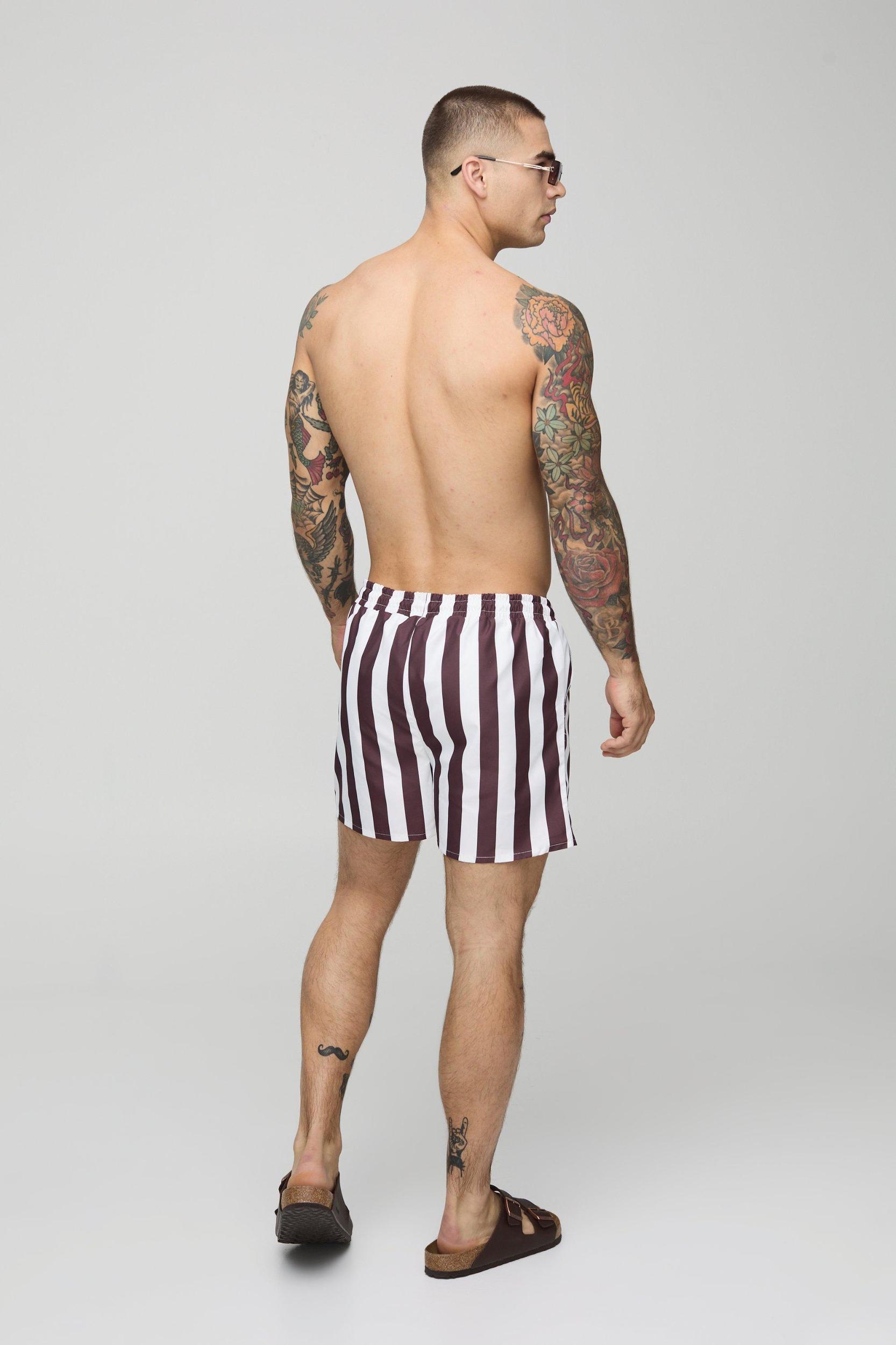 Wide Stripe Print Short Length Swim Trunks | boohooMAN USA Product Image