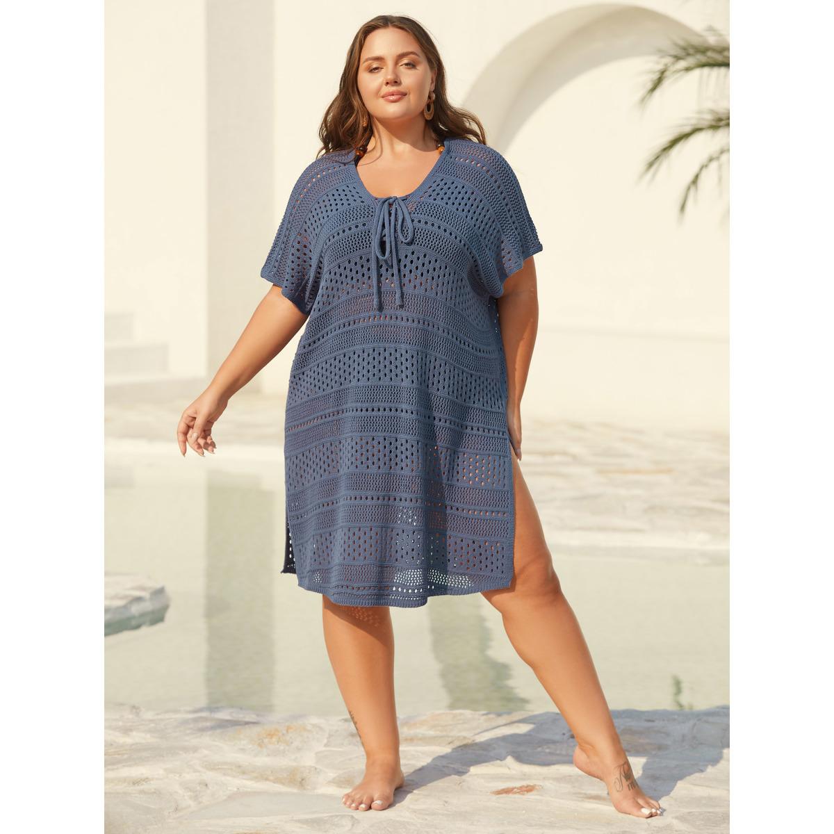 Plus Size Cut-Out Tied Solid Swim Cover-Up Women's Swimwear SlateGray Beach Loose Tie knot Curve Swim Cover Ups BloomChic 10/M Product Image