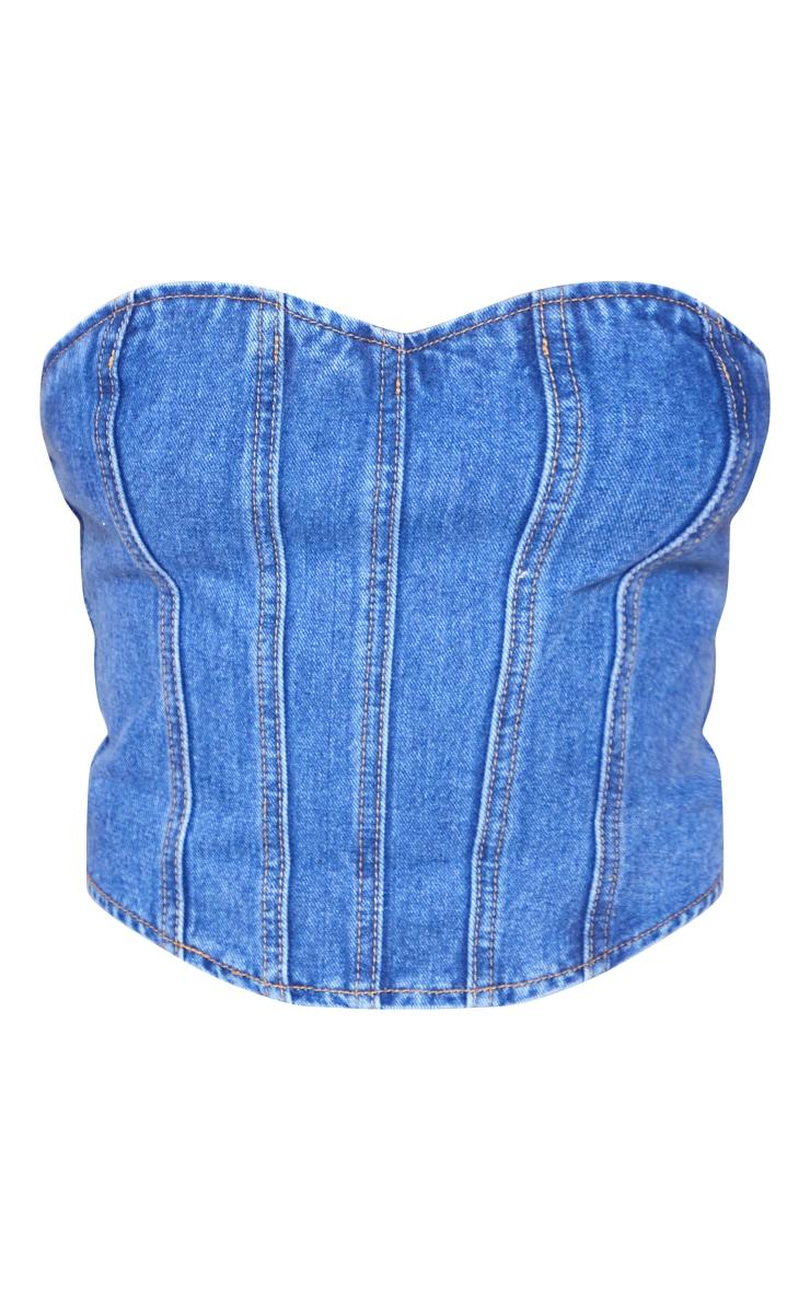 Mid Blue Wash Seam Detail Denim Corset Top Product Image