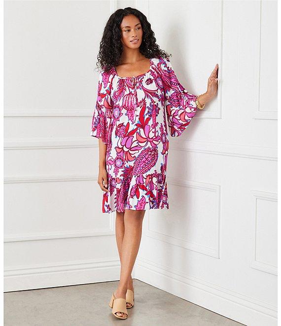Karen Kane Square Neck 3/4 Sleeve Peony Paisley Print Dress Product Image