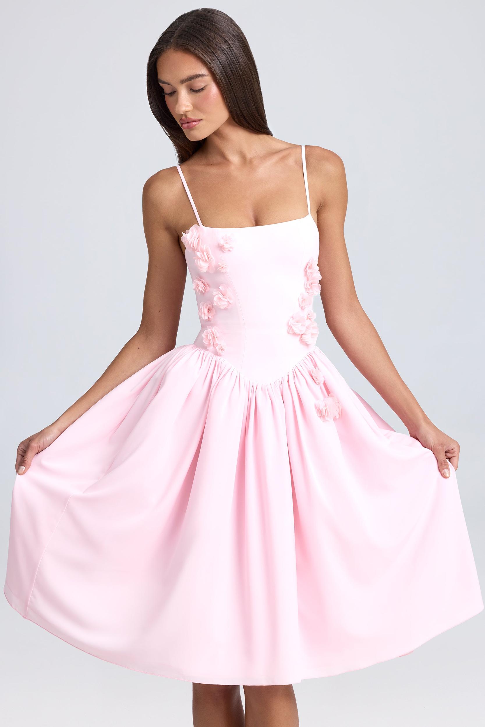 Floral-Appliqué Midi Dress in Blush Product Image