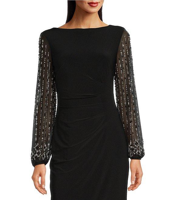 Marina Boat Neck Long Beaded Elastic Cuff Sleeve Matte Jersey Back Slit Sheath Gown Product Image