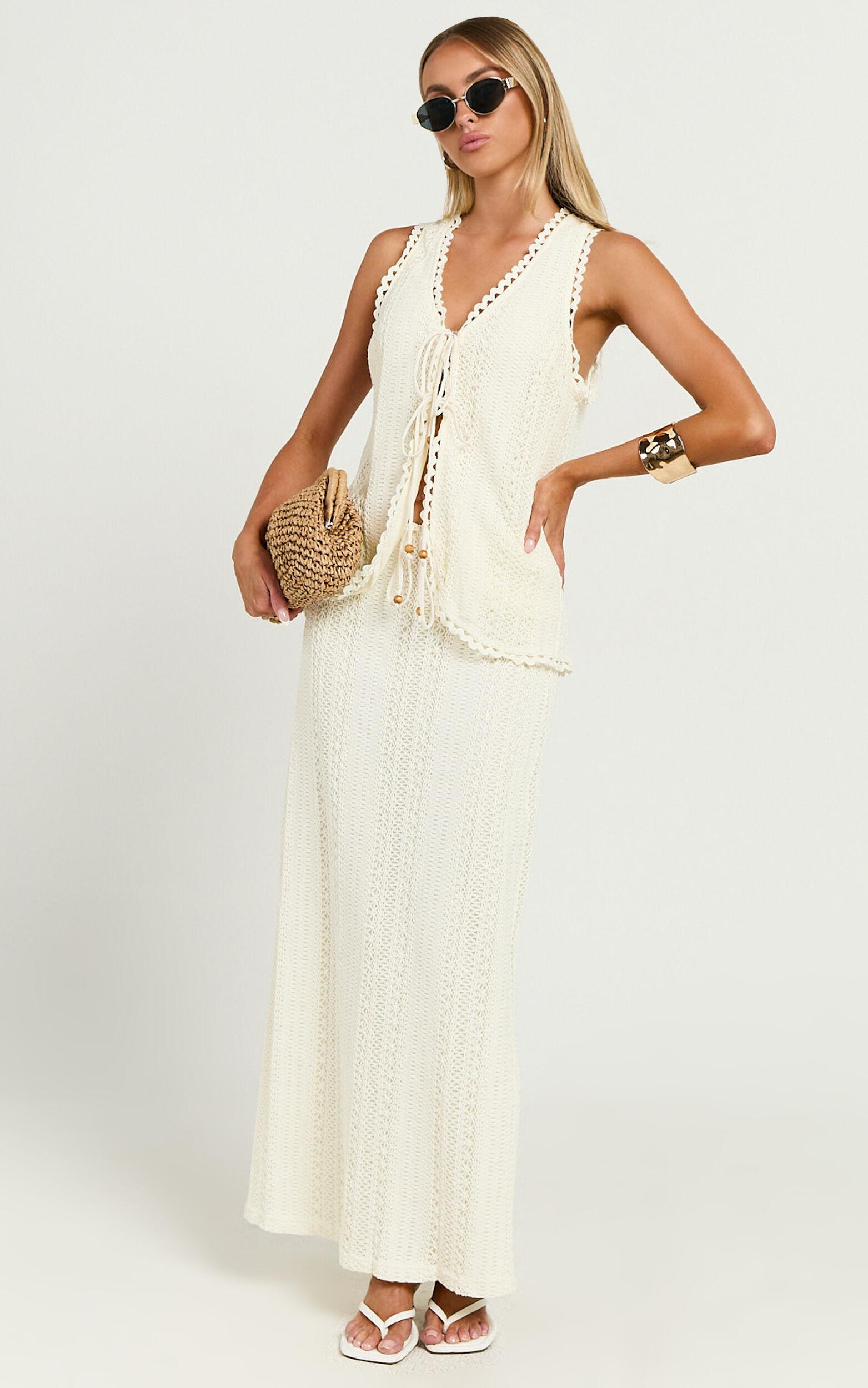 Mercedes Top - Crochet Tie Front Vest in Cream Product Image