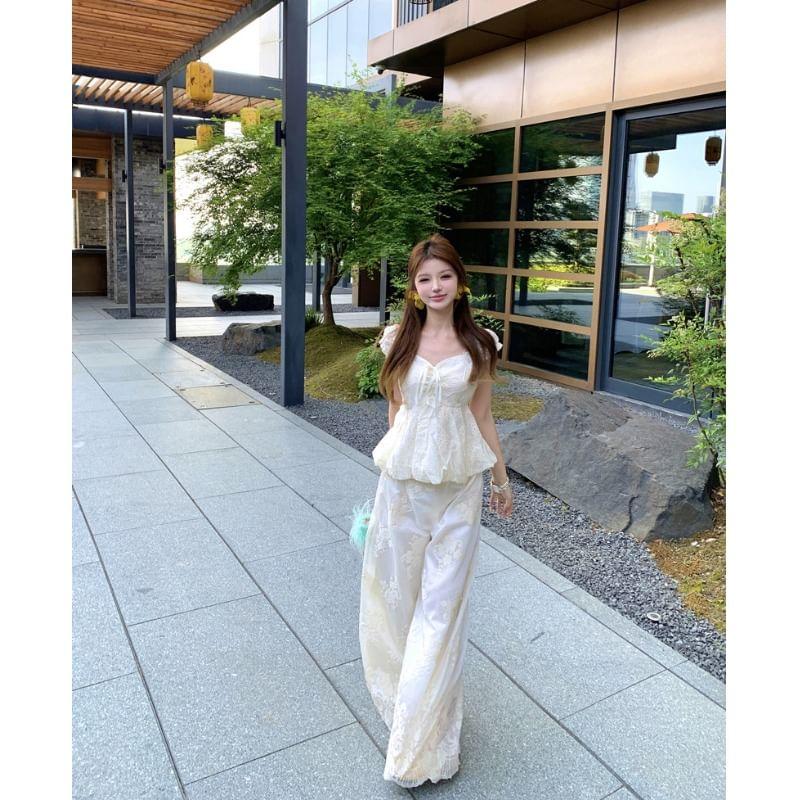 Cap Sleeve Sweetheart Neck Plain Bow Embroidered Eyelet Blouse / High Waist Wide Leg Pants Product Image