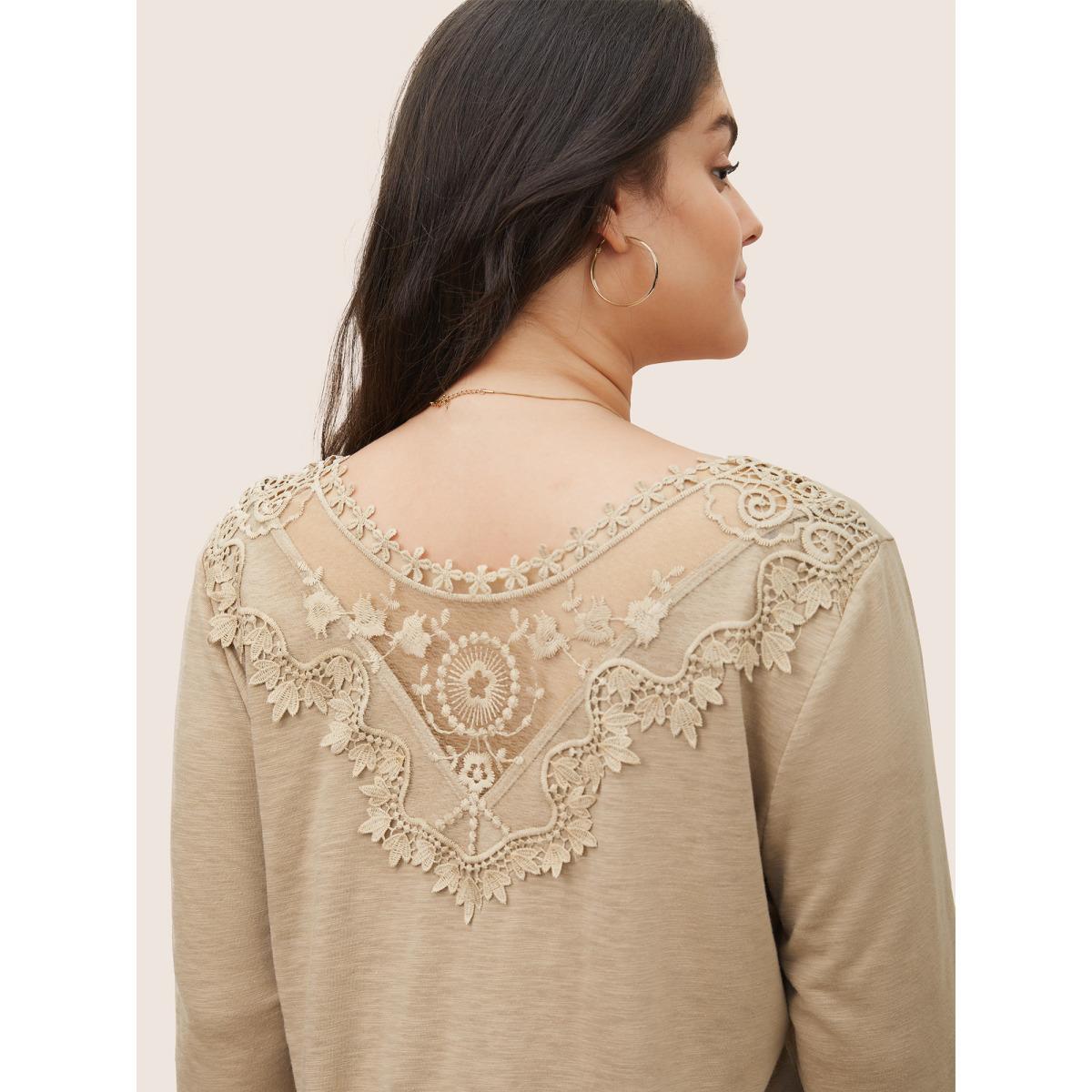 Plus Size Plain Heather Lace Mesh Patchwork T-shirt Tan Women Elegant Non Plain V-neck Everyday T-shirts BloomChic 28/5X Product Image