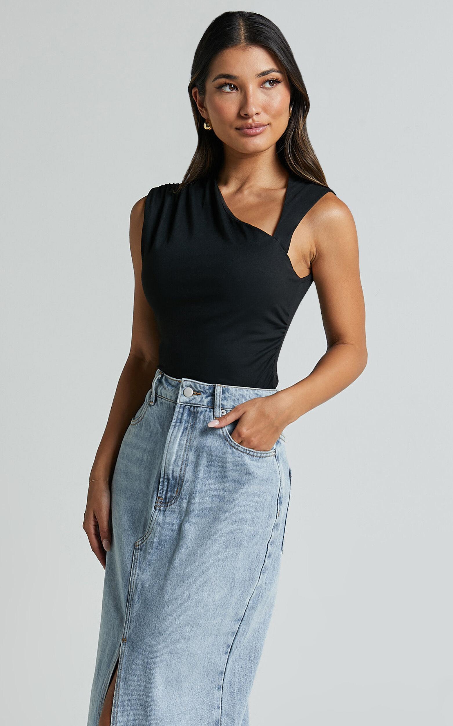 Inessa Top - Sleeveless Asymmetrical Neck Top in Black Product Image