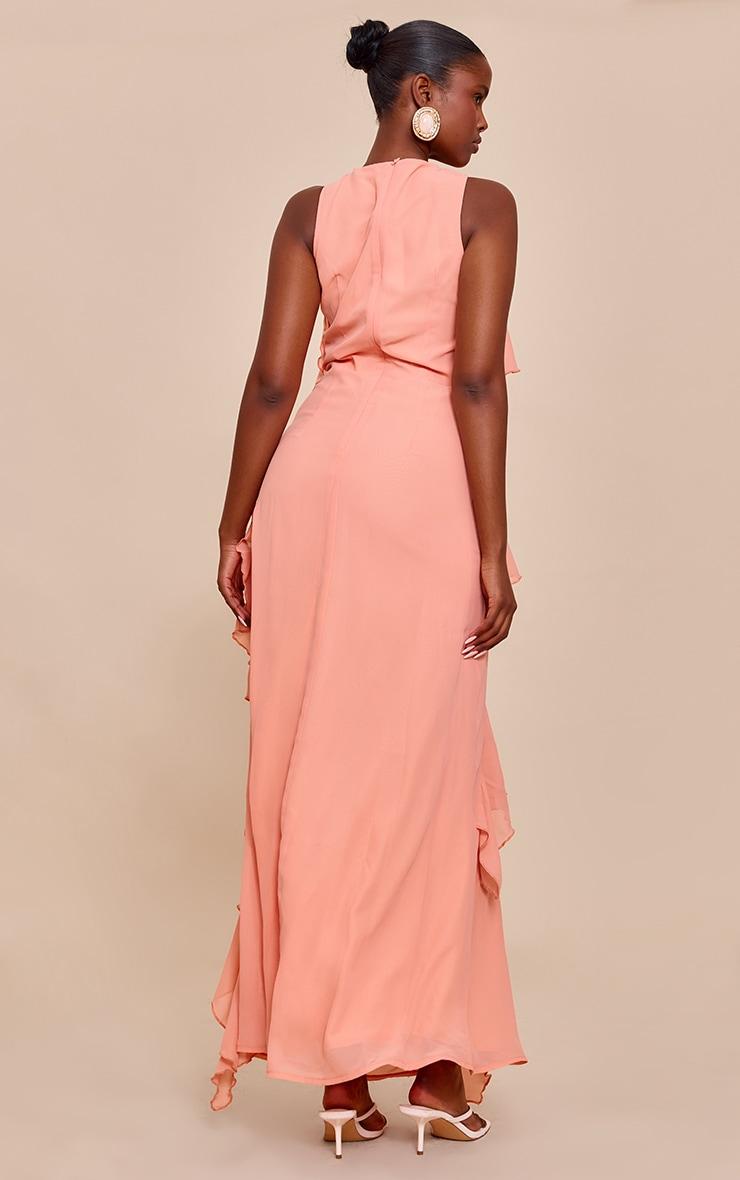 Peach Boat Neck Frill Detail Sleeveless Maxi Dress Product Image