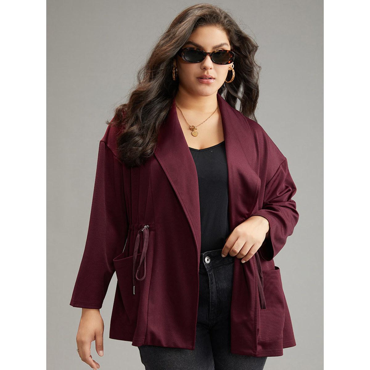 Plus Size Supersoft Essentials Lapel Collar Drawstring Pocket Jacket Women Burgundy Plain Pocket Everyday Jackets BloomChic 28/5X Product Image