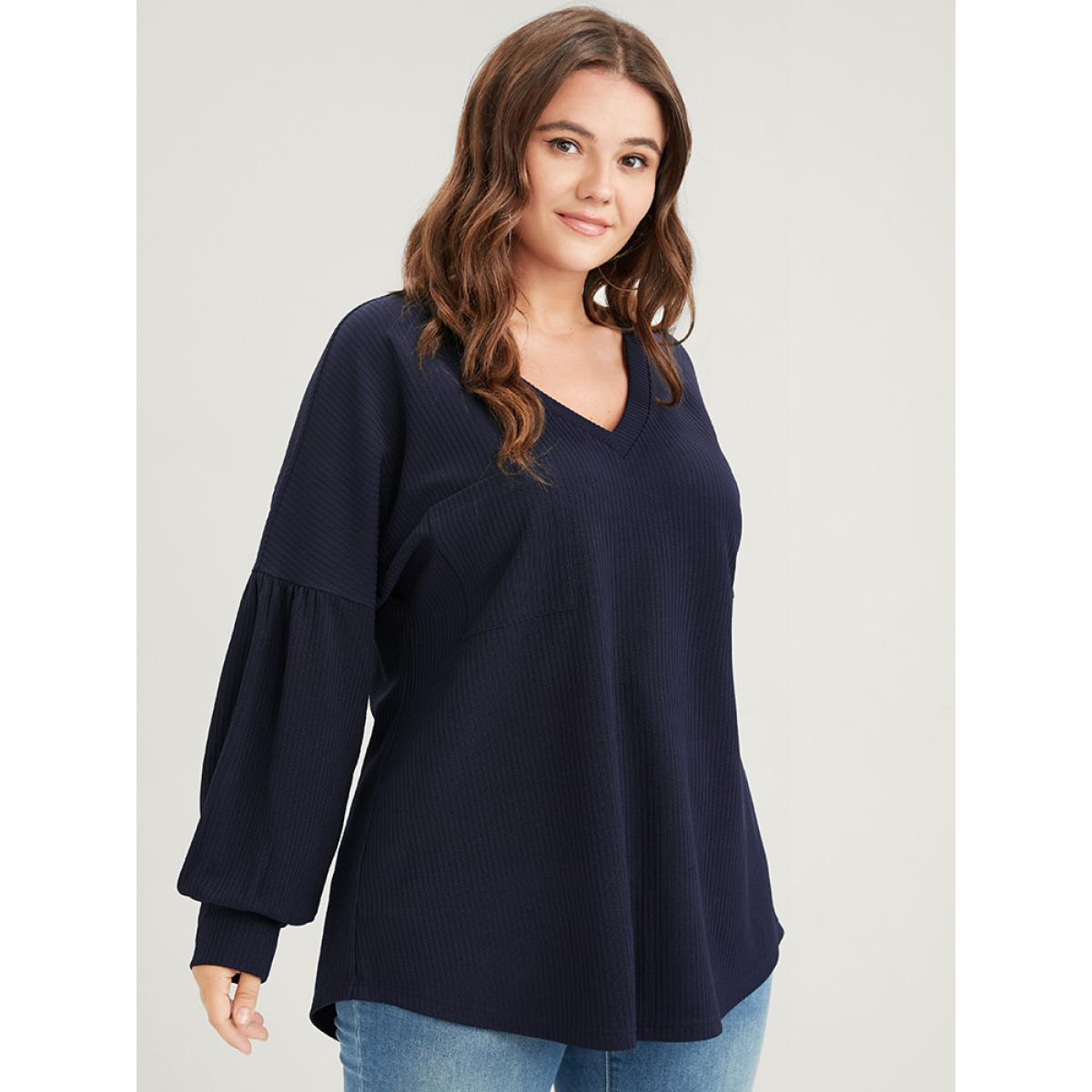 Plus Size Solid Drop Shoulder Pocket Arc Hem Rib Knit Sweatshirt Women Navy Elegant Plain V-neck Dailywear Sweatshirts BloomChic 22-24/3X Product Image
