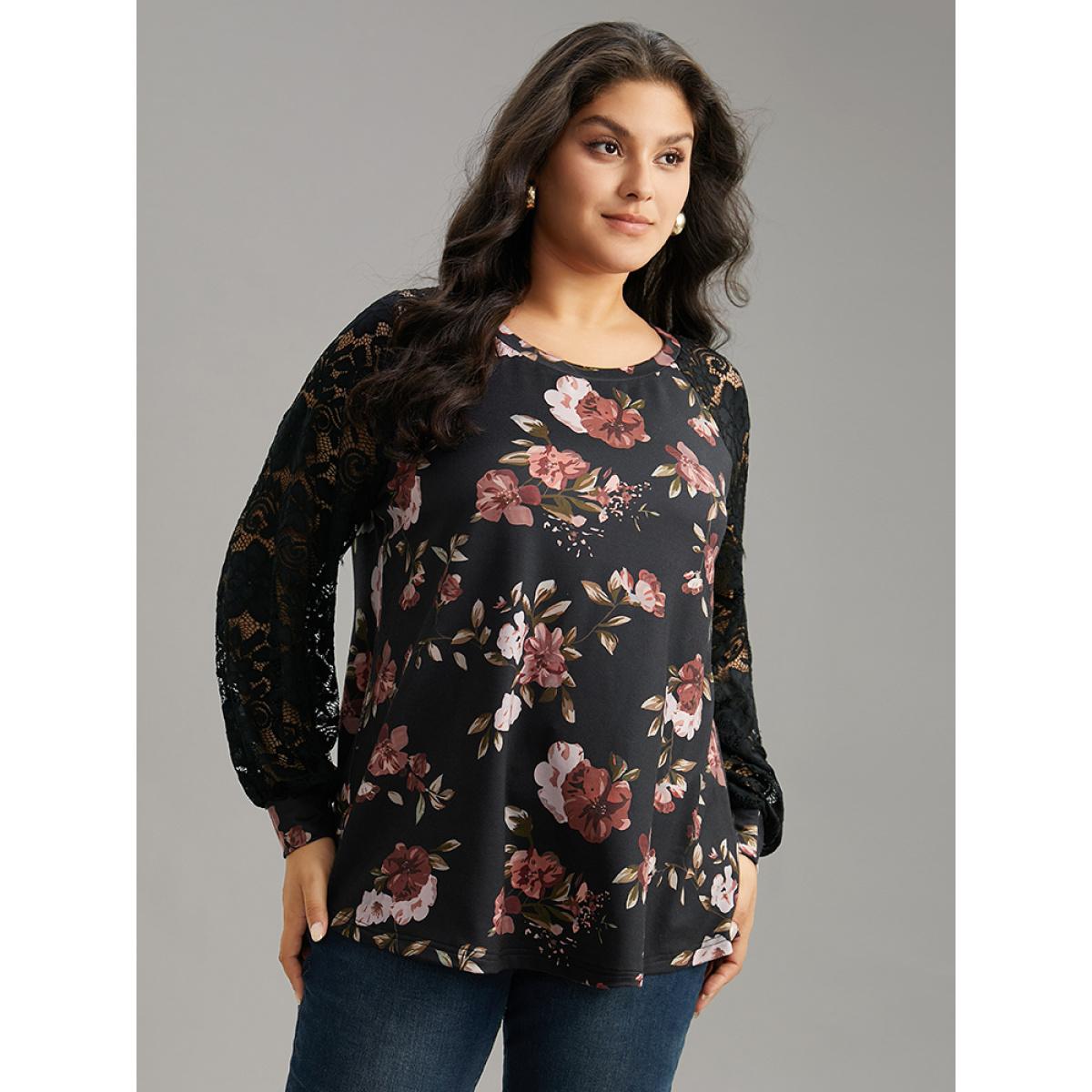 Plus Size Floral Lace Panel Raglan Sleeve Sweatshirt Women Black Elegant Printed Round Neck Dailywear Sweatshirts BloomChic 14-16/1X Product Image