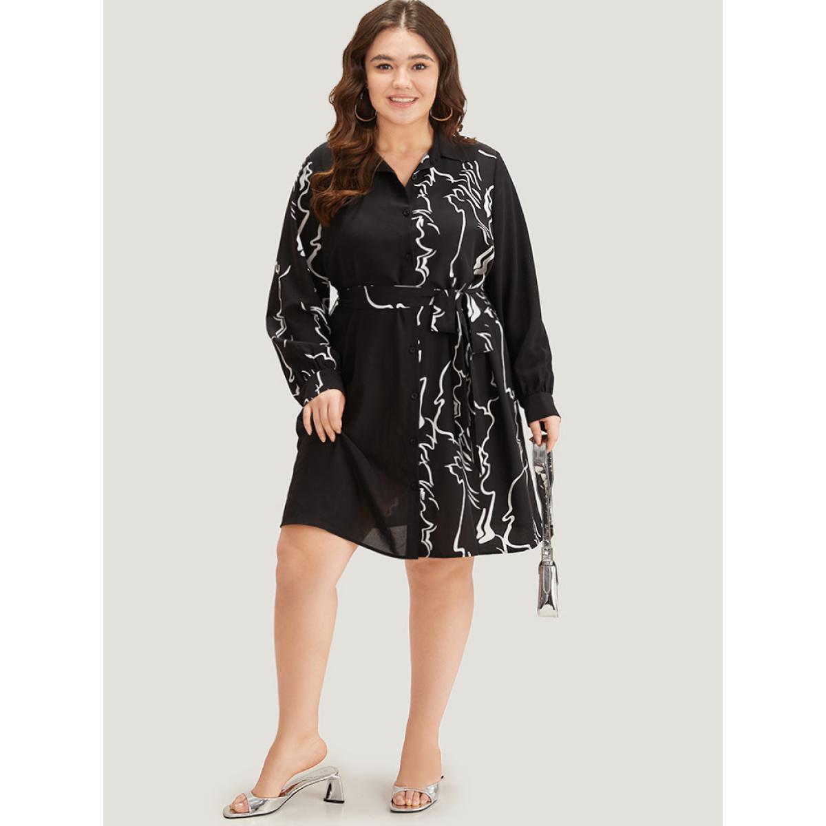 Plus Size Graphic Shirt Collar Pocket Button Through Belted Dress BlackFlower Women Office Belted Shirt collar Long Sleeve Curvy Knee Dress BloomChic 30/6X Product Image
