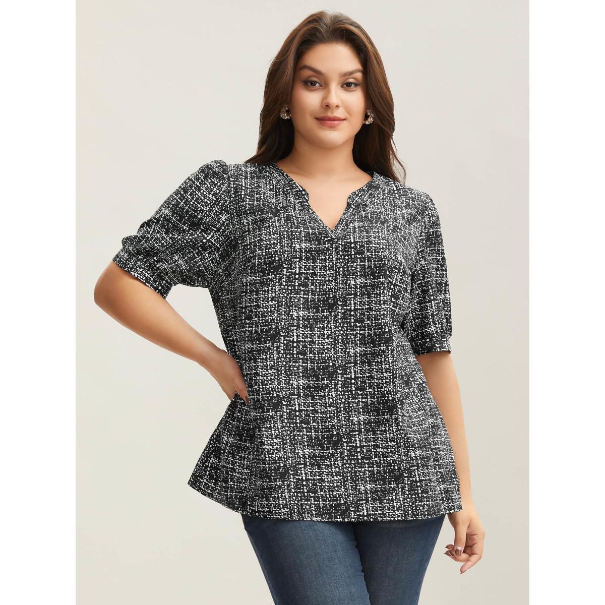Plus Size Black Geometric Print Puff Sleeve Blouse Women Office Short sleeve Flat collar with V-notch Office Blouses BloomChic 30/6X Product Image