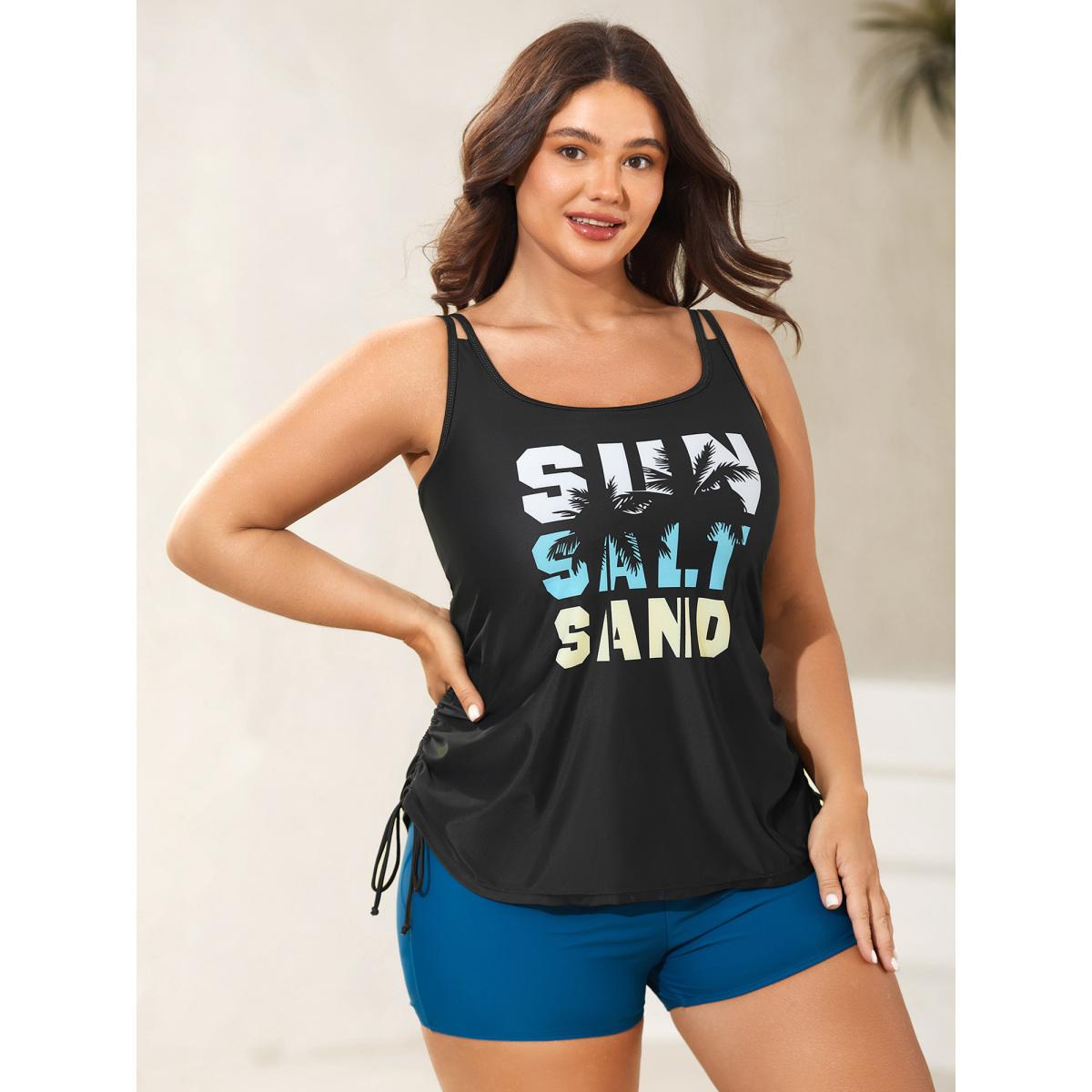 Plus Size Sun Salt Sand Print Swim Top Women's Swimwear Black Resort Drawstring High stretch Bodycon U-neck Curve Swim Tops BloomChic 14-16/1X Product Image