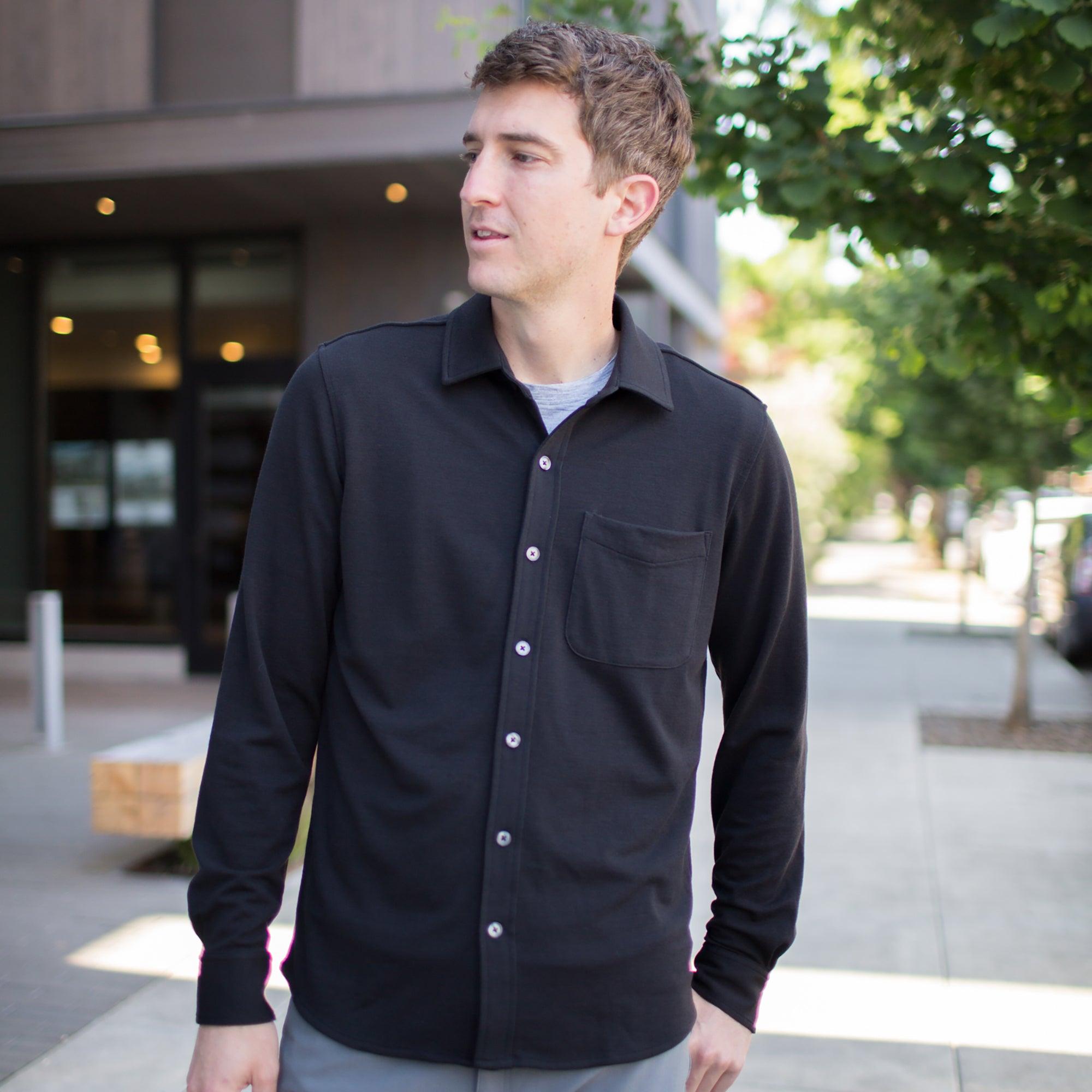 Merino Wool Pique Knit Button-down Shirt | Black Product Image