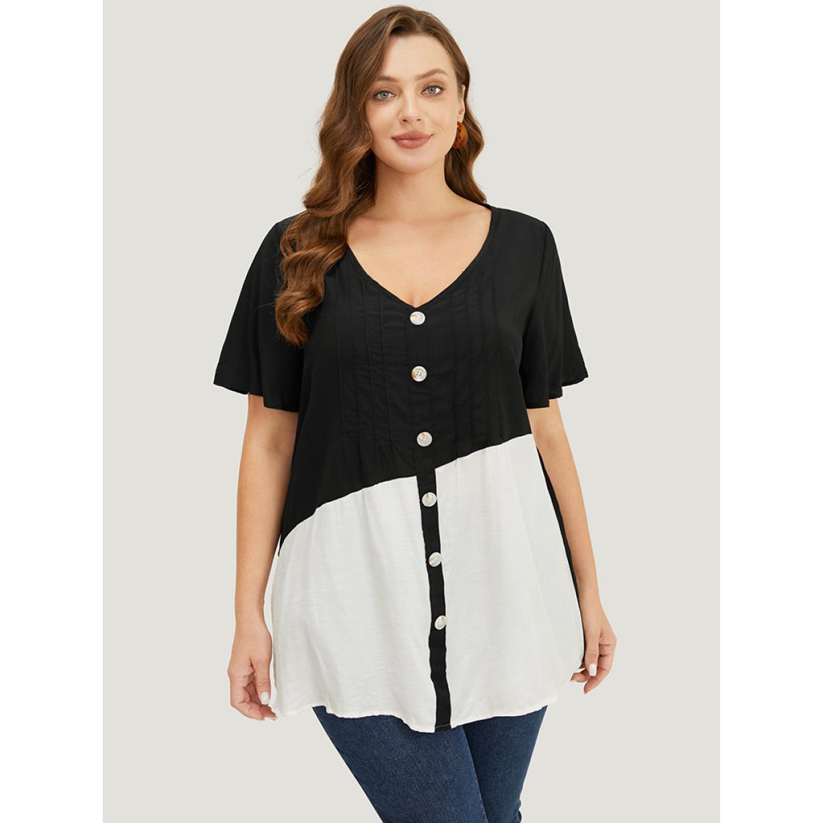 Plus Size Black Colorblock Contrast Pleated Button Detail Ruffle Sleeve Blouse Women Elegant Short sleeve V-neck Dailywear Blouses BloomChic 18-20/2X Product Image