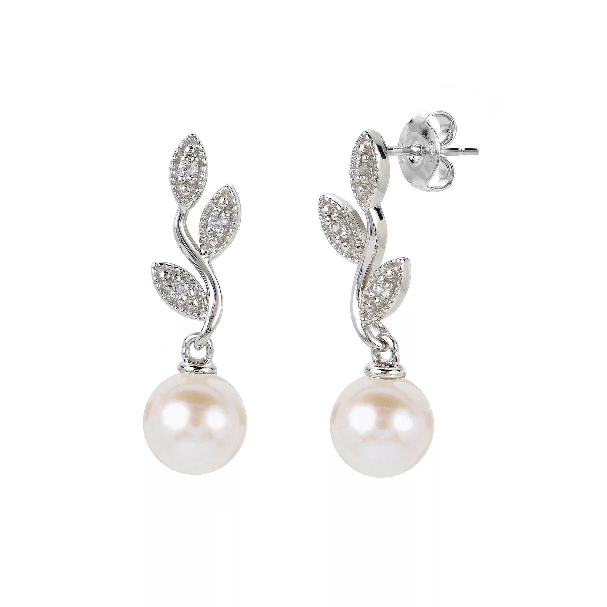 PearLustre by Imperial Sterling Silver Freshwater Cultured Pearl & Lab-Created White Sapphire Vintage Leaves Drop Earrings, Womens Product Image