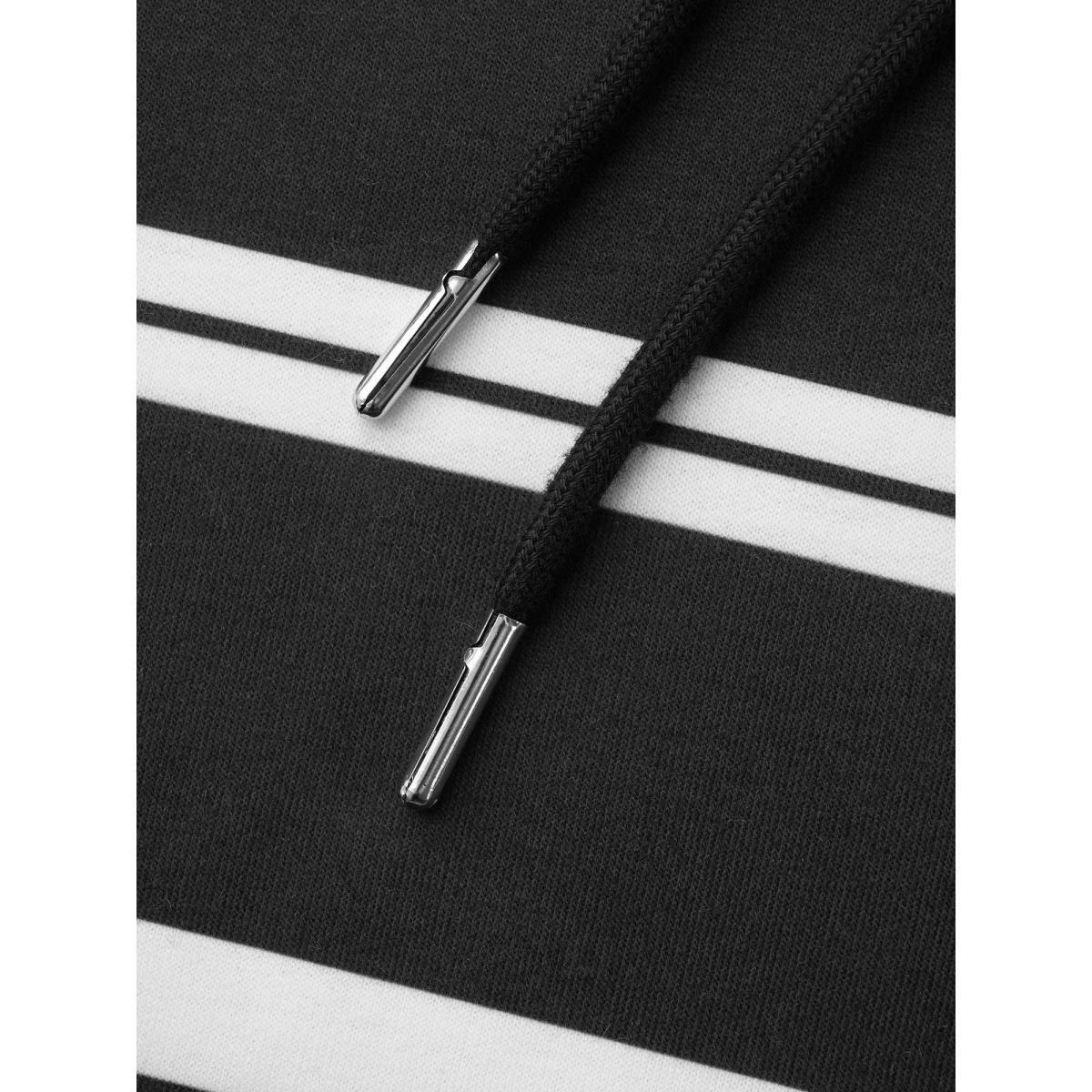 Plus Size Striped Hooded Drawstring Raglan Sleeve Sweatshirt Women Black Casual Eyelet Loose Hooded Everyday Sweatshirts BloomChic 12/L Product Image