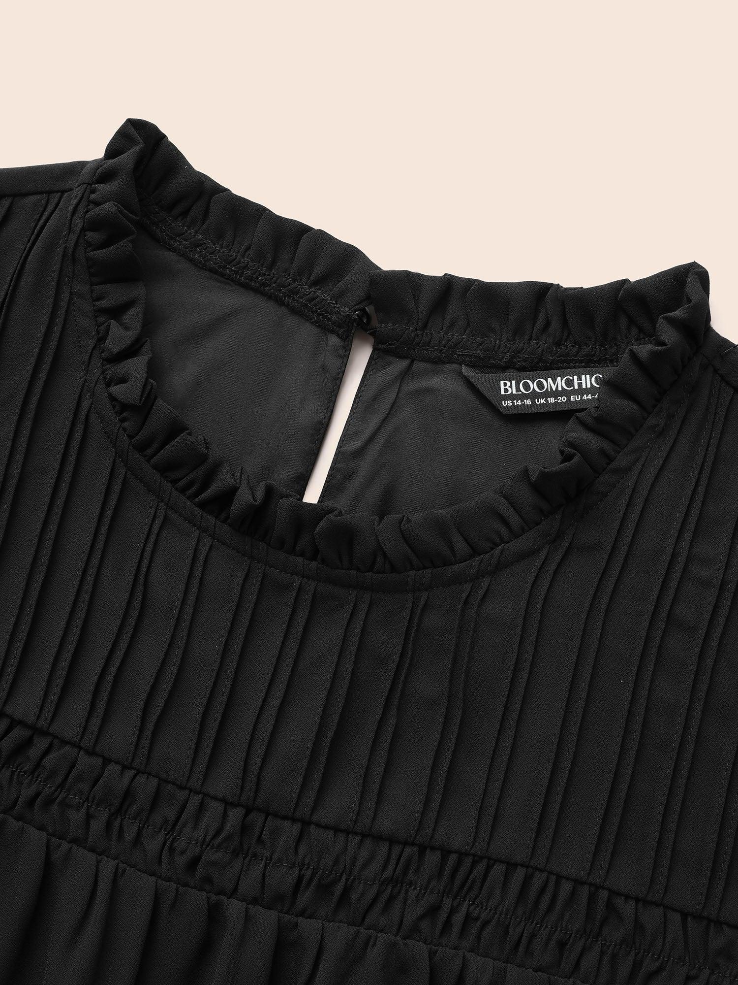 Anti-Wrinkle Shirred Ruffle Sleeve Mesh Frill Trim Blouse Female Product Image