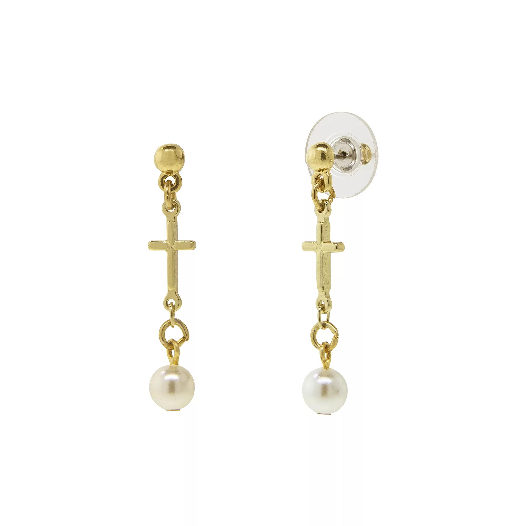 Symbols of Faith 14K Gold Dipped Cross Drop Faux Pearl Earrings, Womens, White Product Image