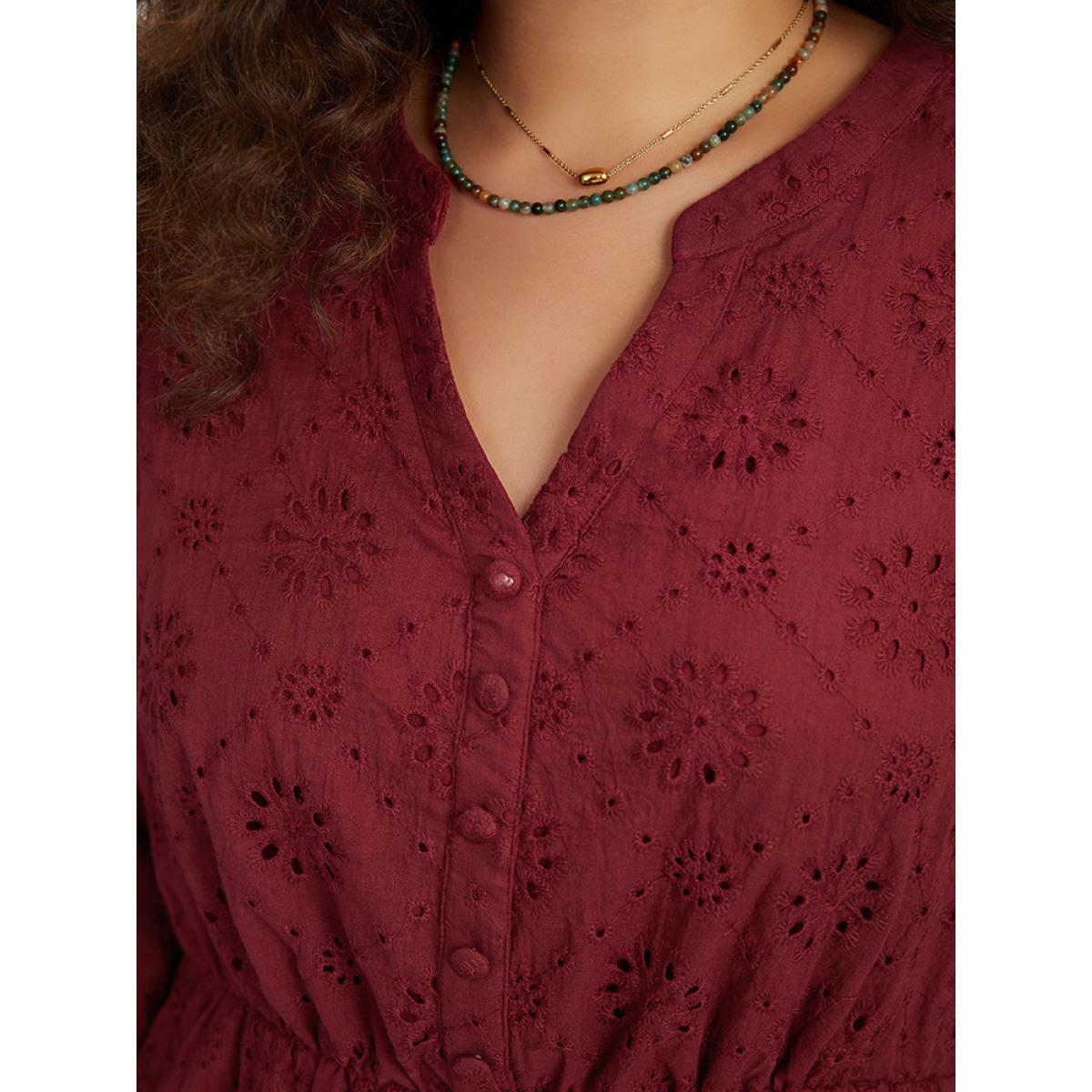 Plus Size Plain Geometric Eyelet Notched Lantern Sleeve Dress Burgundy Women Vacation Elastic cuffs Notched collar Long Sleeve Curvy Midi Dress BloomChic 18-20/2X Product Image