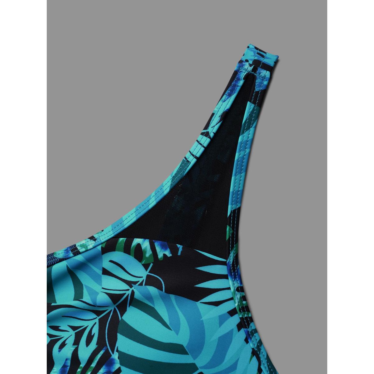 Plus Size Tropical Print Patchwork Mesh Side Slit Swim Dress Women's Swimwear Turquoise Beach Bodycon Heart neckline High stretch Curve Swim Dresses BloomChic 10/M Product Image