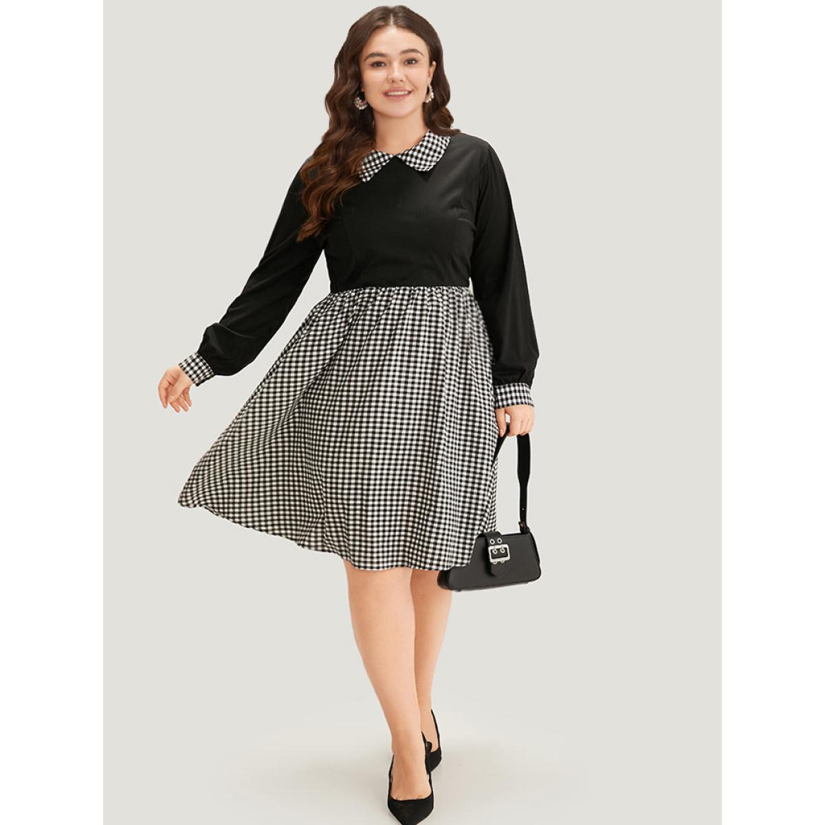 Plus Size Gingham Patchwork Pocket Shirt Collar Dress Black Women Office Patchwork Shirt collar Long Sleeve Curvy Midi Dress BloomChic 14-16/1X Product Image