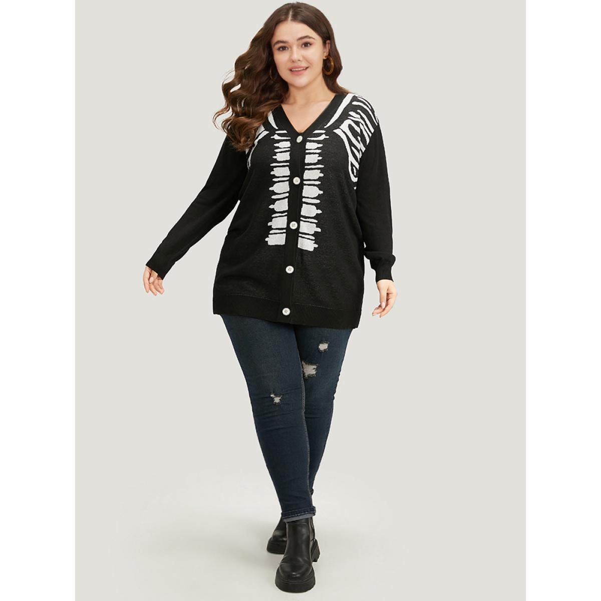 Plus Size Halloween Skull Print Slightly Stretchy Cardigan Black Women Casual Loose Long Sleeve Festival-Halloween Cardigans BloomChic 12/L Product Image