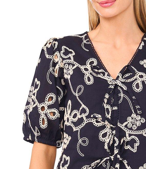 CeCe V-Neck Short Puff Sleeve Embroidered Tie Front Top Product Image