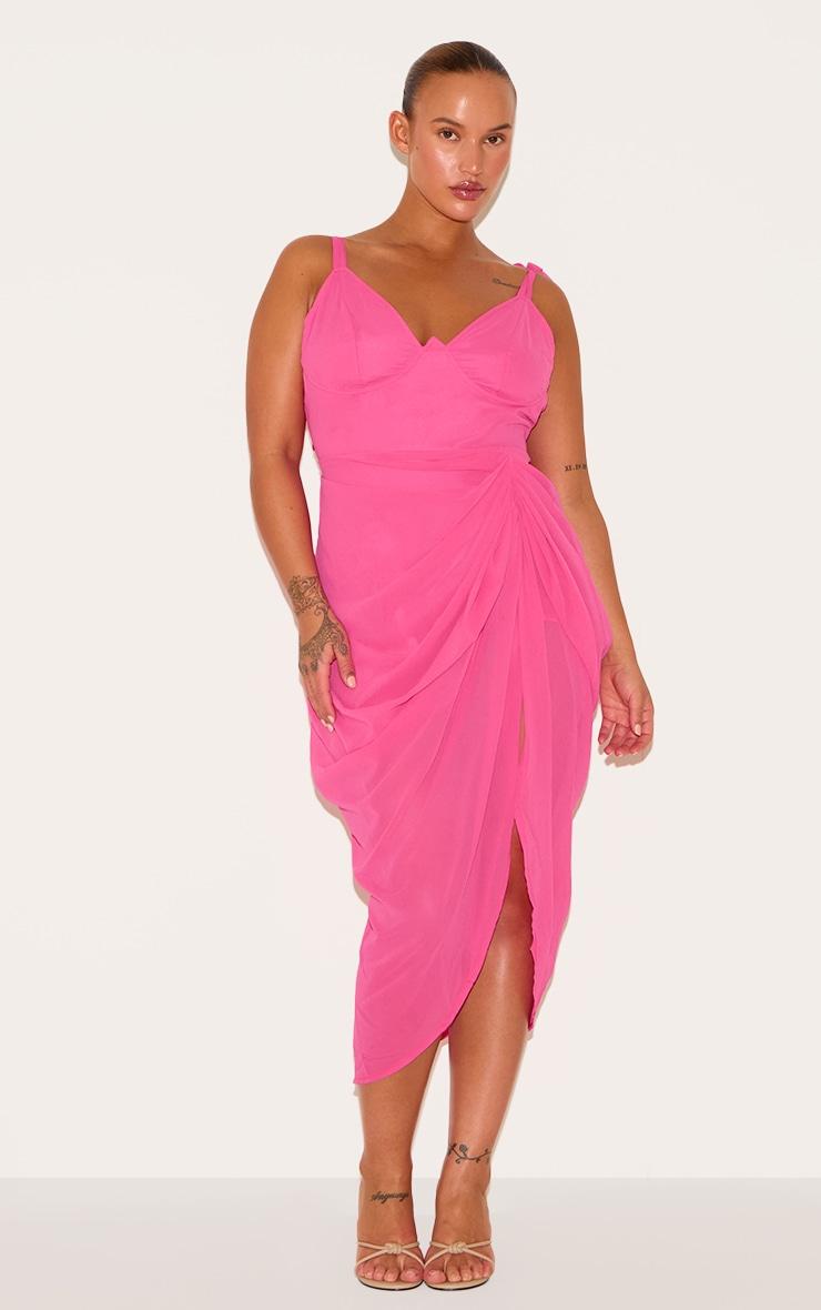 Plus Hot Pink Underwire Detail Draped Midi Dress Product Image