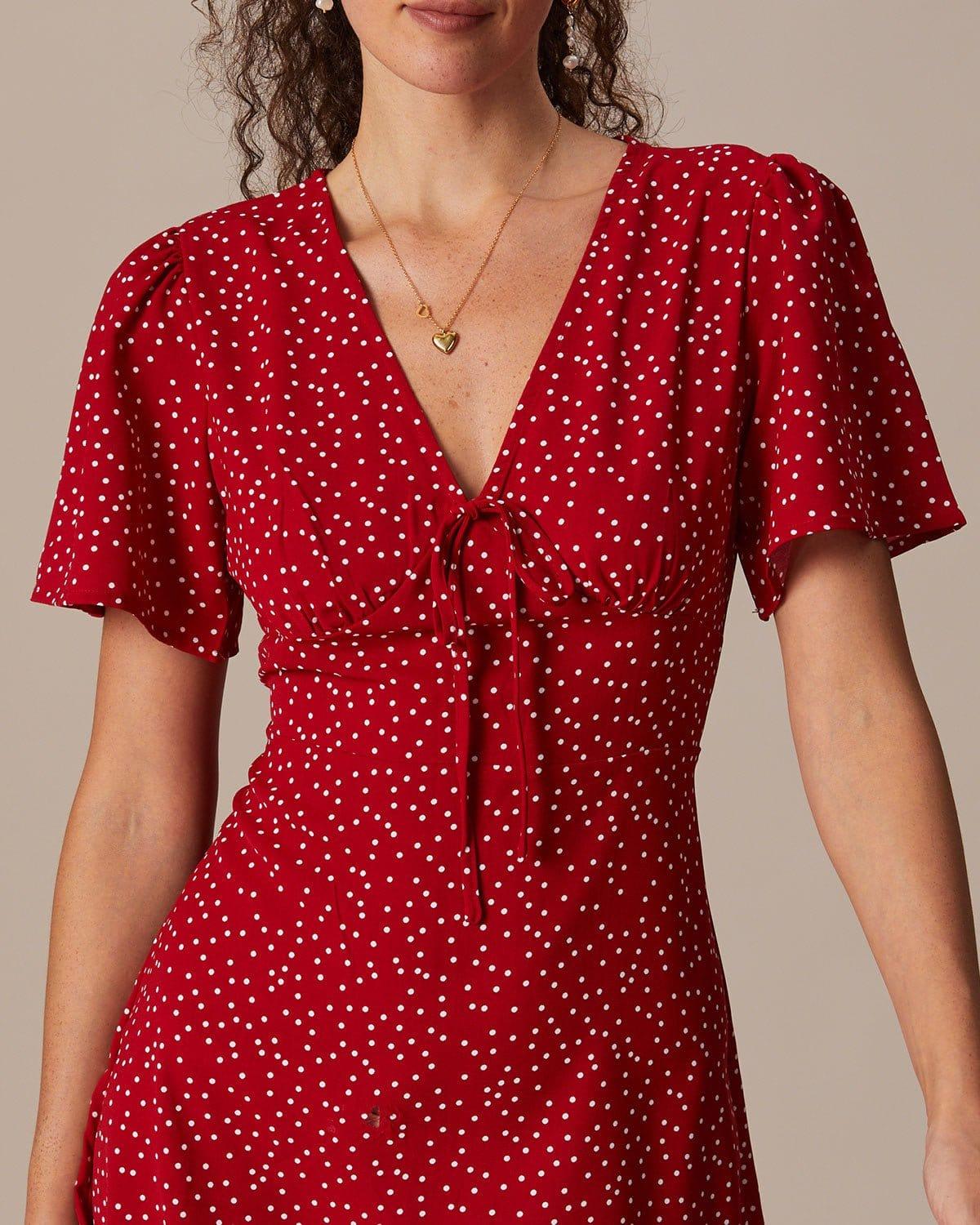 The Red V Neck Polka Dot Flounce Mini Dress Product Image