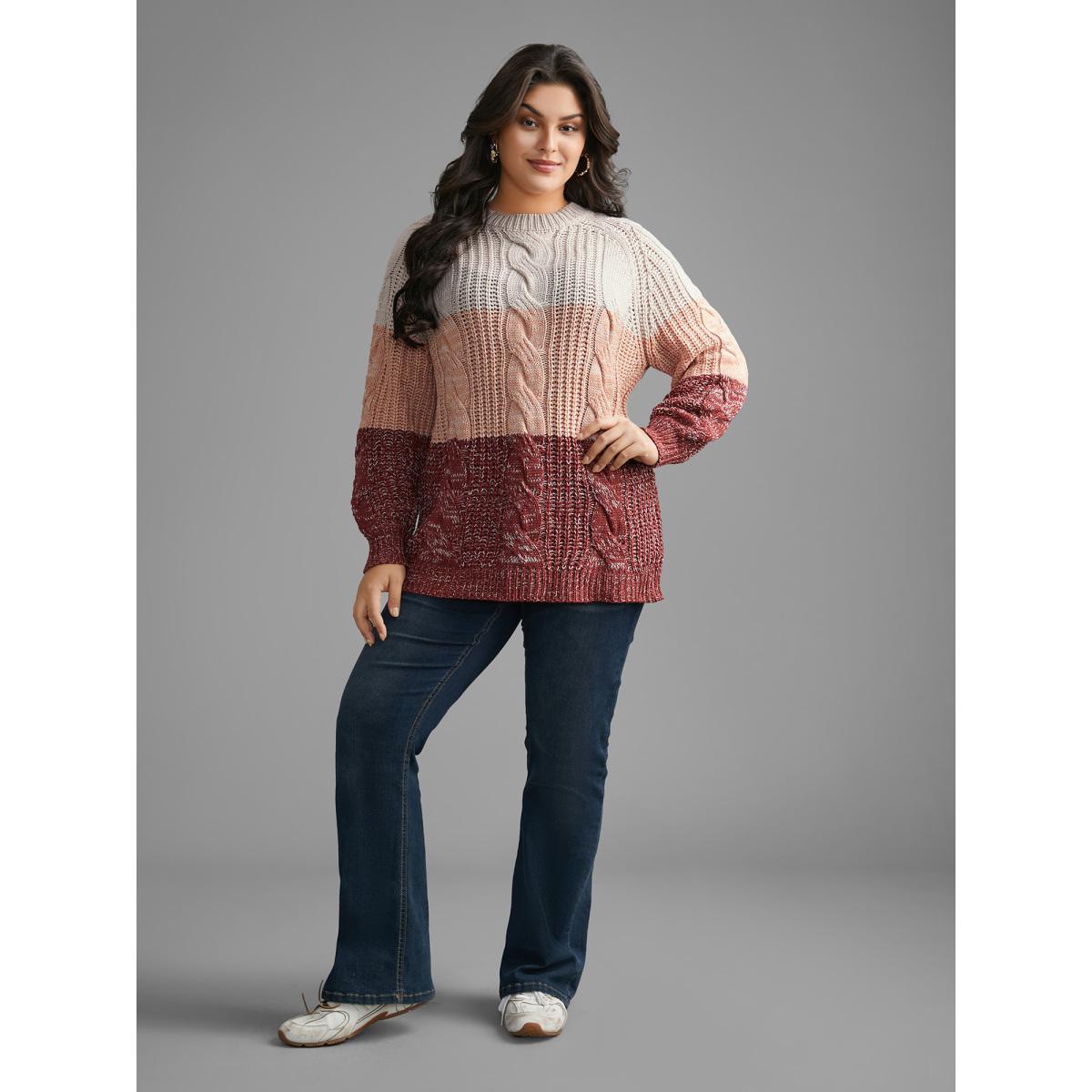 Plus Size Contrast Textured Cable Knit Pullover Rust Women Casual Loose Long Sleeve Round Neck Everyday Pullovers BloomChic 28/5X Product Image