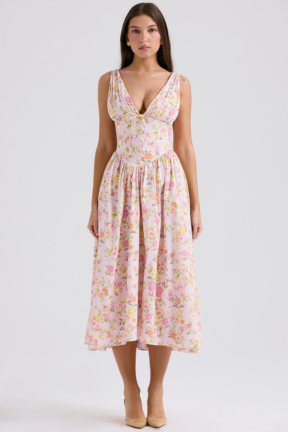 Emmelina  pink meadow print cotton corset sundress Product Image