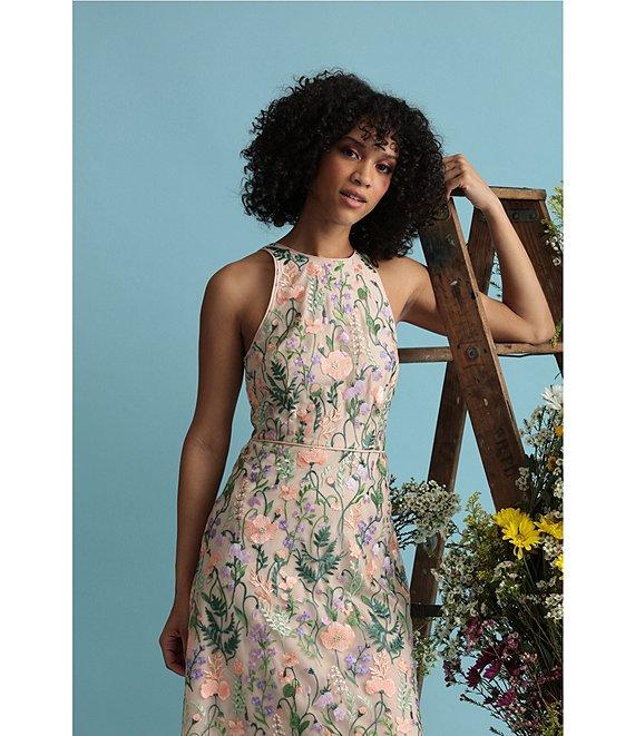 Maggy London Floral Embroidery Halter Neck Sleeveless Plunge Back Detail Midi Dress Product Image