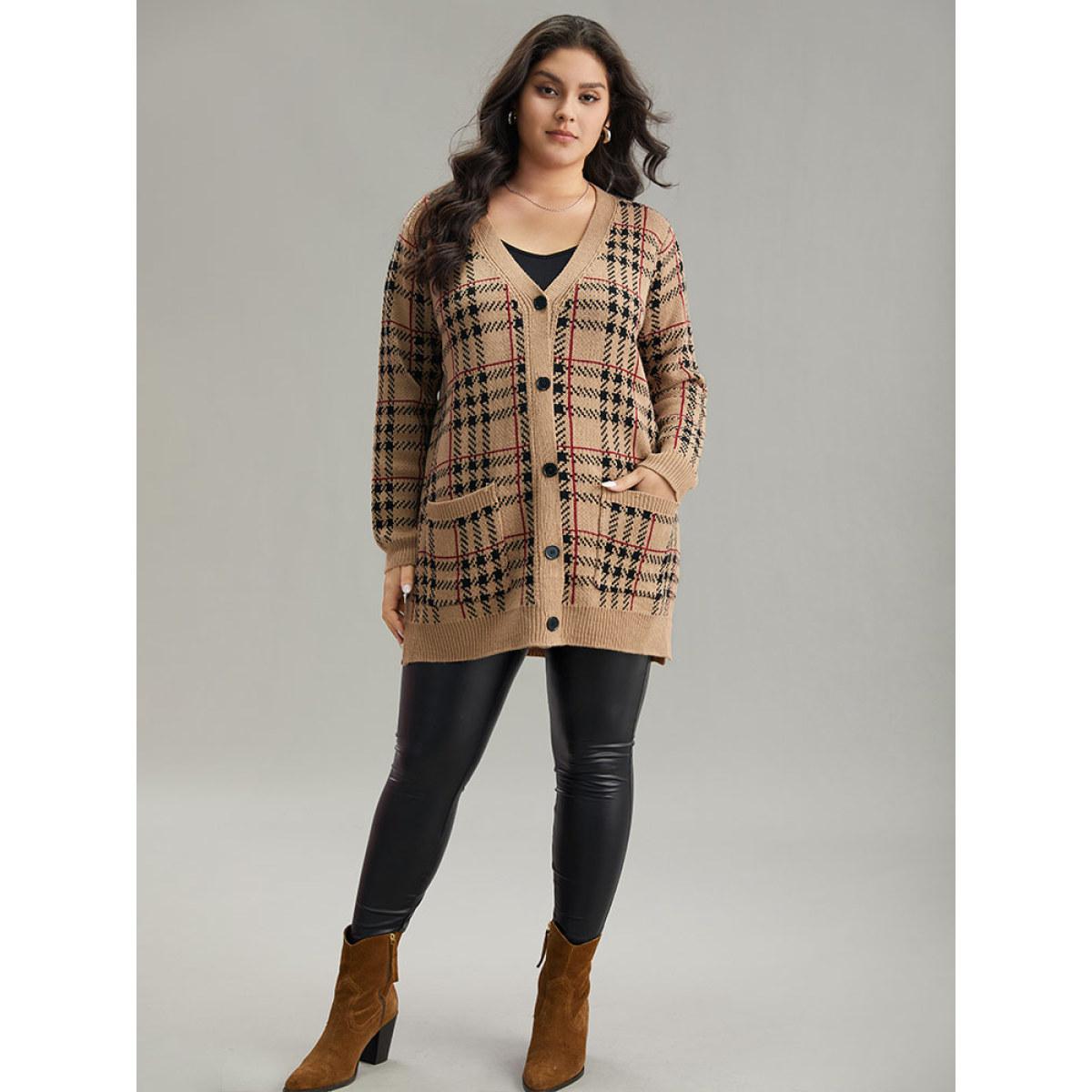 Plus Size Plaid & Houndstooth Print Patched Pocket Cardigan Multicolor Women Casual Loose Long Sleeve Dailywear Cardigans BloomChic 28/5X Product Image