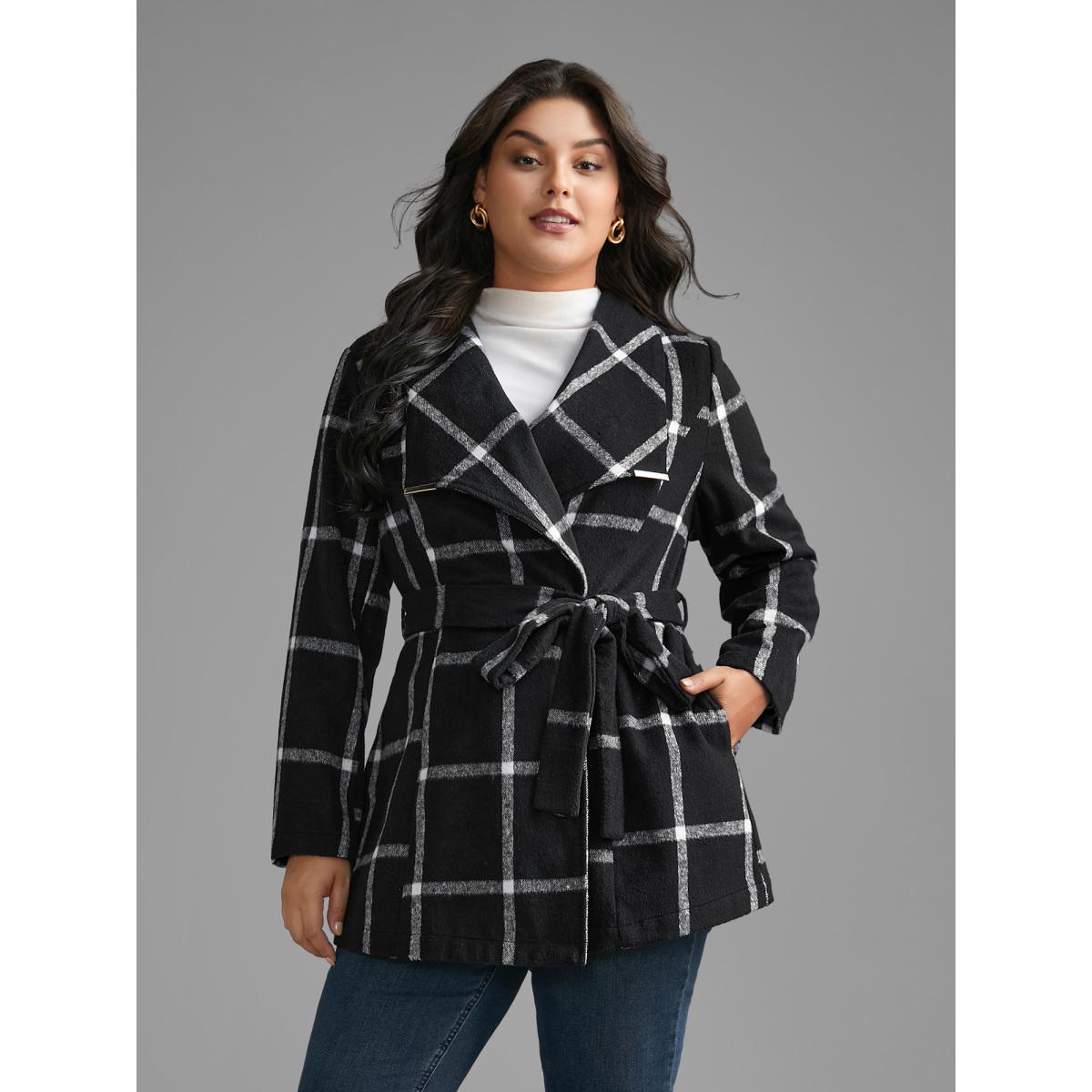 Plus Size Plaid Lapel Collar Belted Jacket Women Black Belted Slanted pocket Belt Everyday Jackets BloomChic 28/5X Product Image