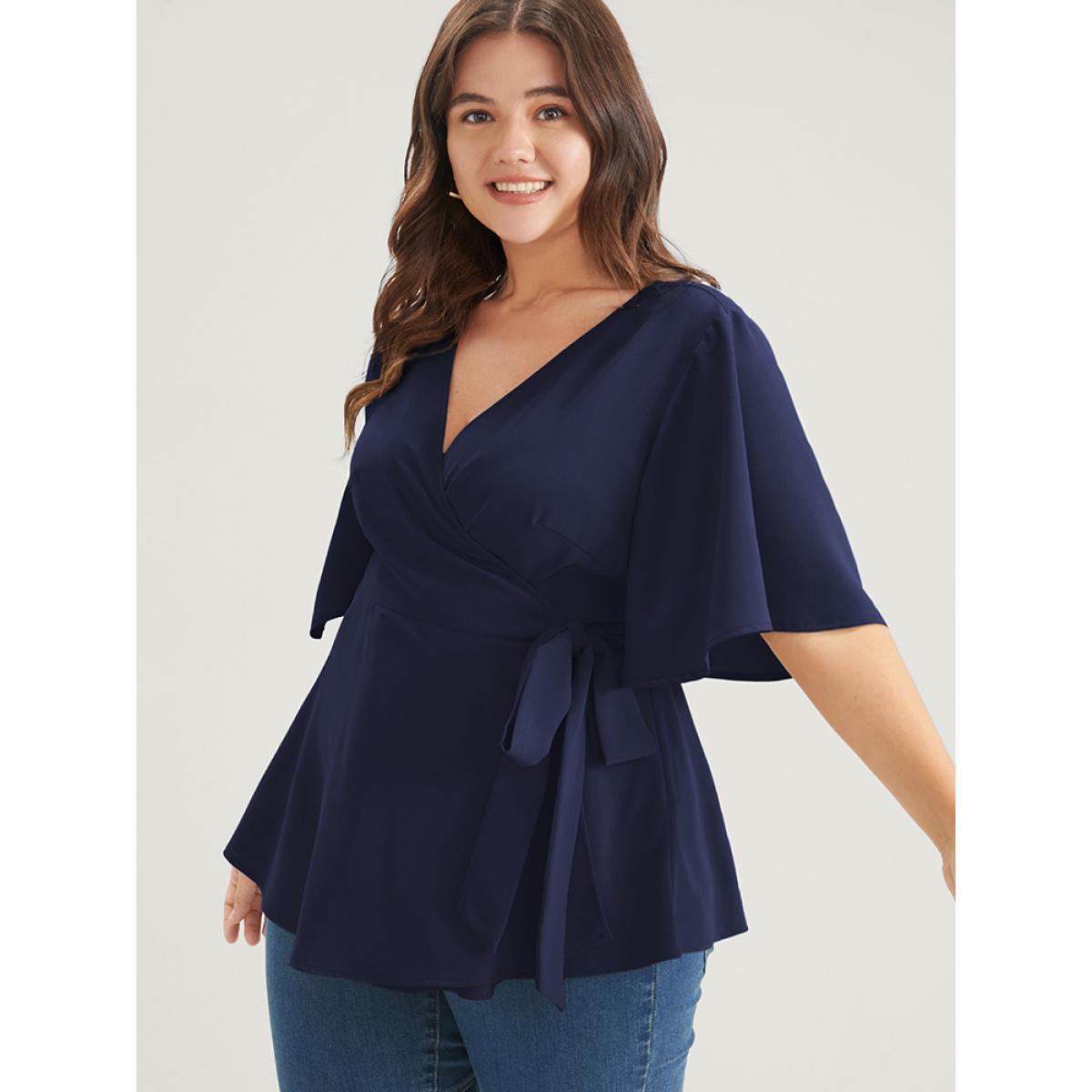 Plus Size Indigo Plain Ruffles Button Belted Wrap Babydoll Blouse Women Elegant Short sleeve V-neck Dailywear Blouses BloomChic 28/5X Product Image