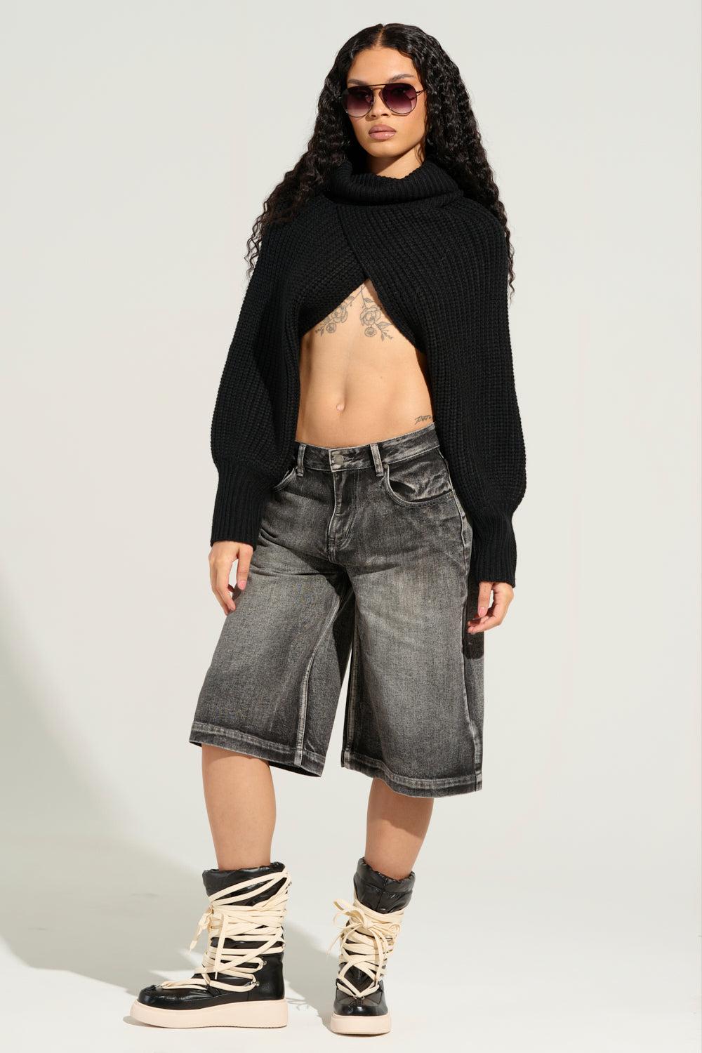LITERAL PERFECTION BLACK DENIM BERMUDA SHORTS Product Image