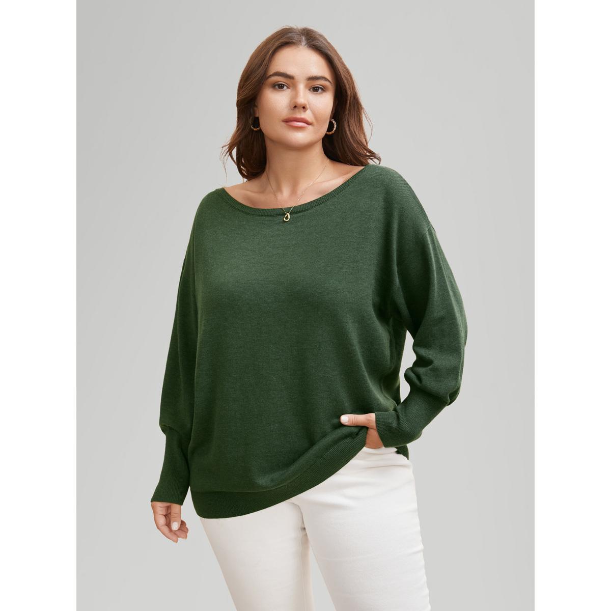 Plus Size Supersoft Essentials Boat Neck Drop Shoulder Pullover ArmyGreen Women Elegant Long Sleeve Boat Neck Everyday Pullovers BloomChic 28/5X Product Image