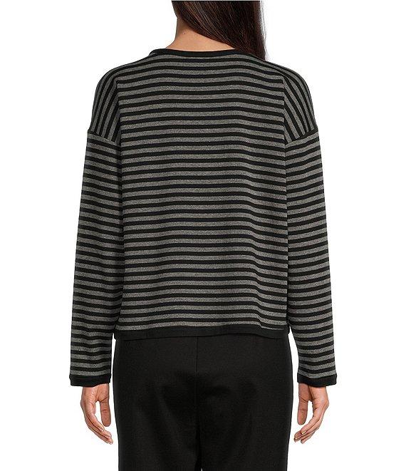 Eileen Fisher Striped Cozy Brushed Terry Round Neck Long Sleeve Boxy Crop Top Product Image