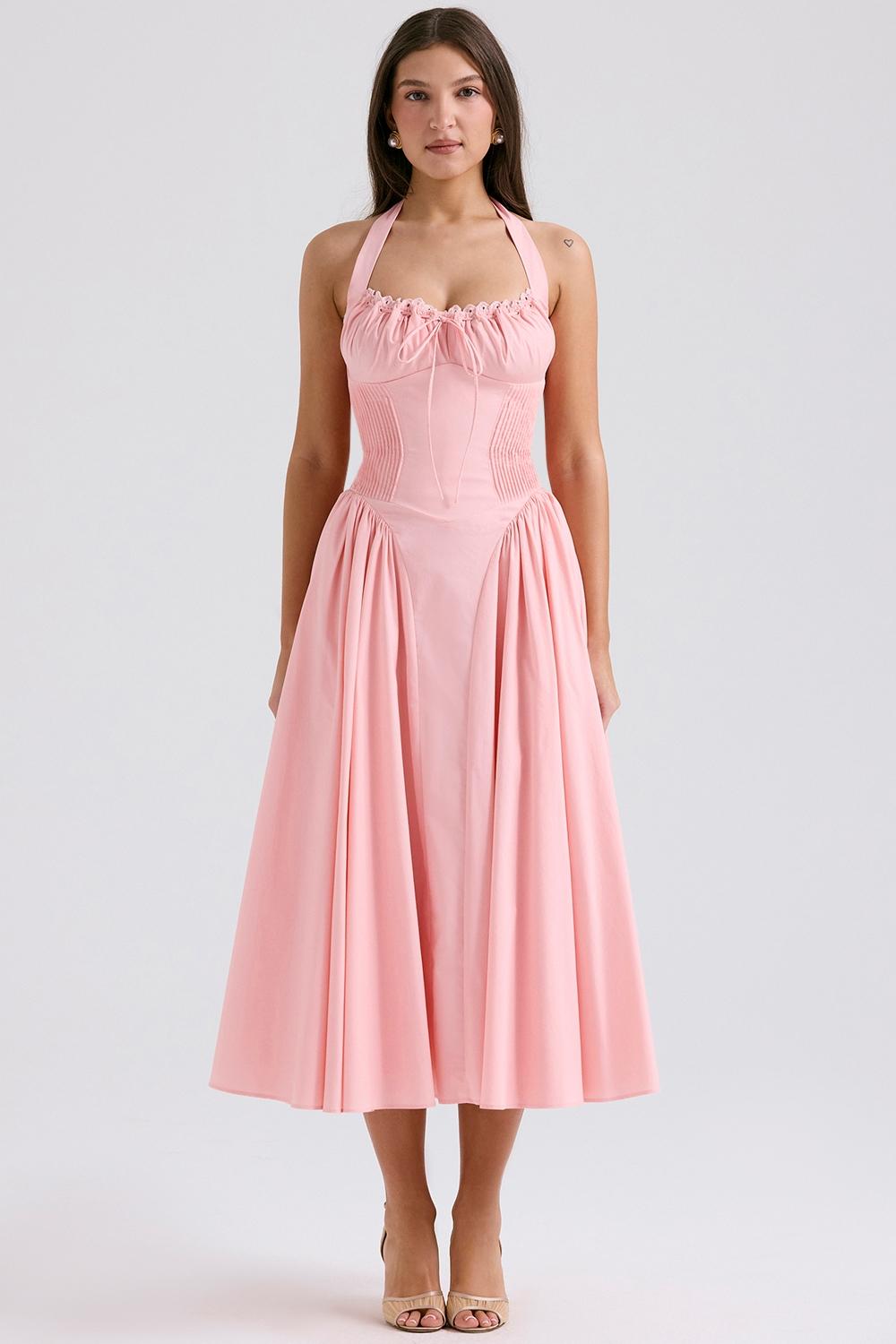 Adabella  rose pink cotton halter midi sundress Product Image