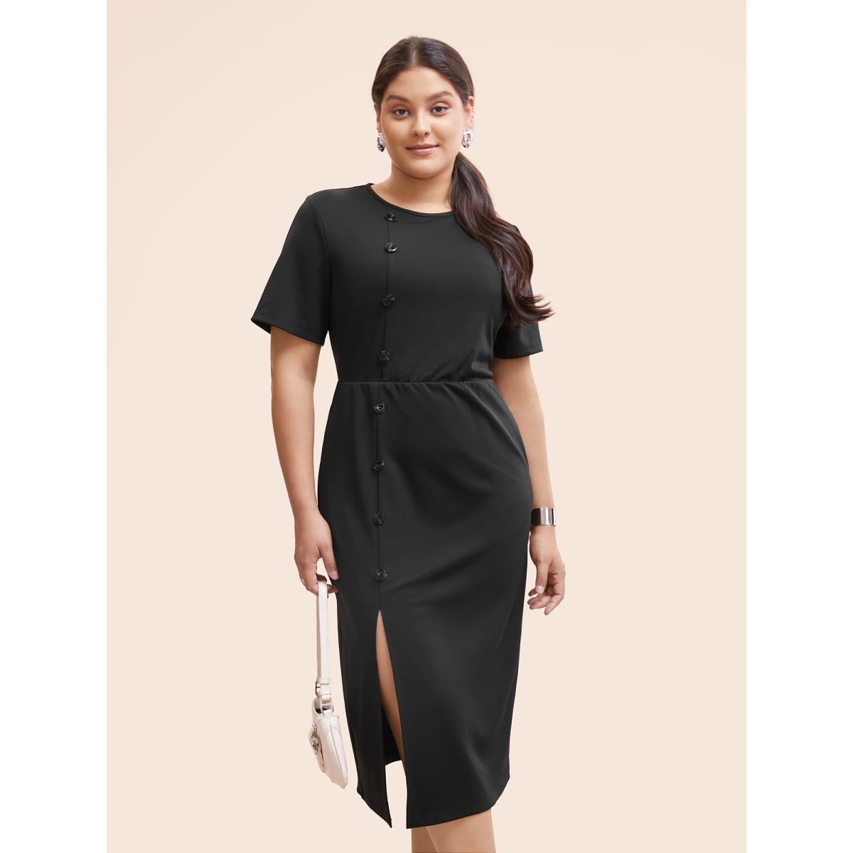 Plus Size Round Neck Button Detail Split Hem Dress Black Women At the Office Button Round Neck Short sleeve Curvy BloomChic 12/L Product Image