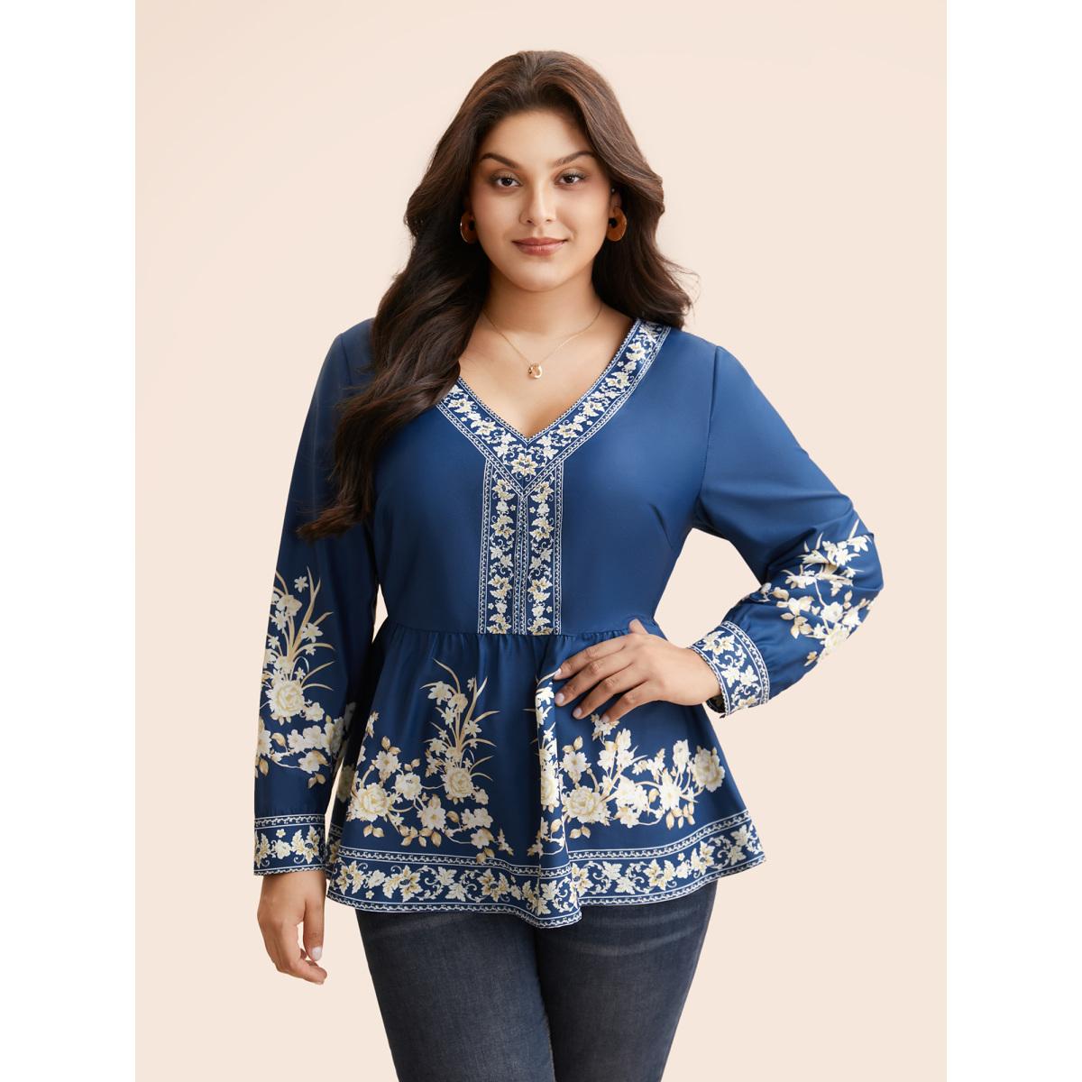 Plus Size Indigo Boho Print Elastic Waist Gathered Blouse Women Elegant Long Sleeve V-neck Everyday Blouses BloomChic 18-20/2X Product Image