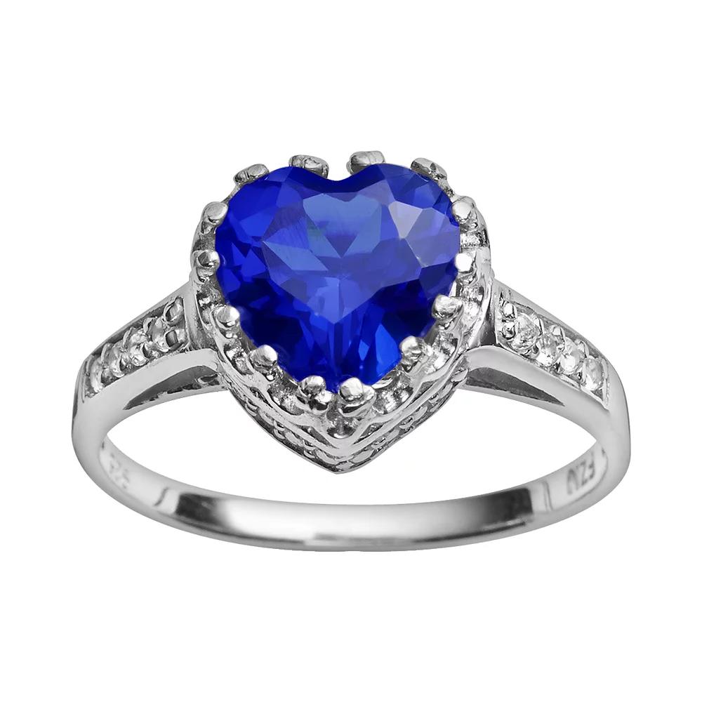 Designs by Gioelli Sterling Silver Lab-Created Sapphire and Lab-Created White Sapphire Heart Crown Ring, Women's, Size: 7, Blue Product Image