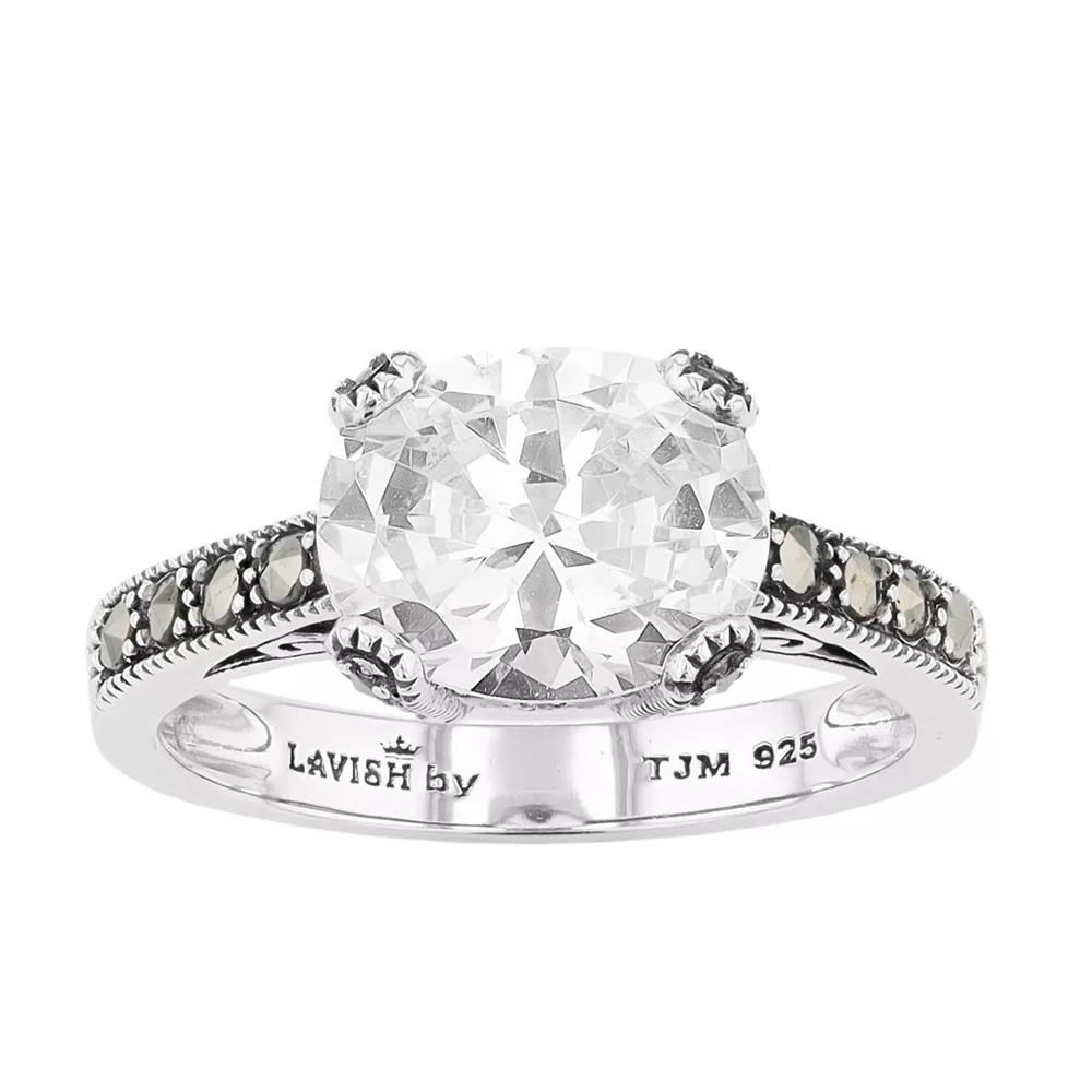 Lavish by TJM Sterling Silver Oval White Cubic Zirconia & Marcasite Ring, Women's, Size: 9 Product Image