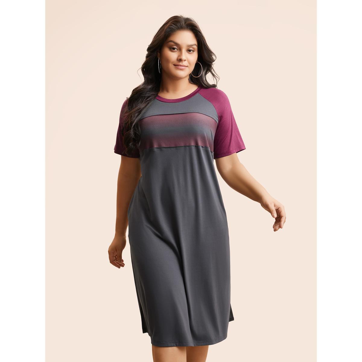 Plus Size Ombre Contrast Patchwork Split Hem Dress DimGray Women Casual Contrast Round Neck Short sleeve Curvy BloomChic 10/M Product Image