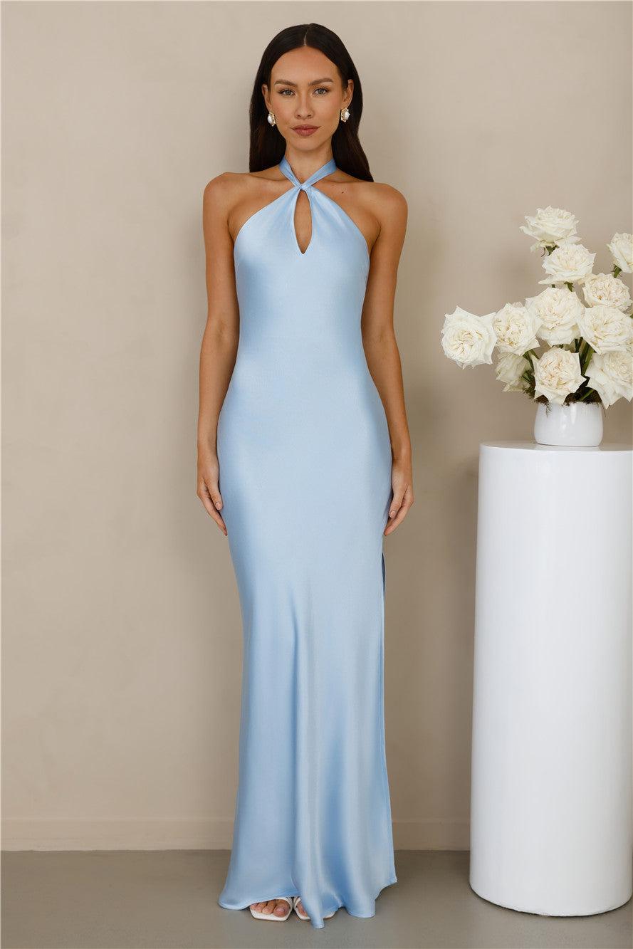 The Delilah Satin Halter Maxi Dress Blue Product Image