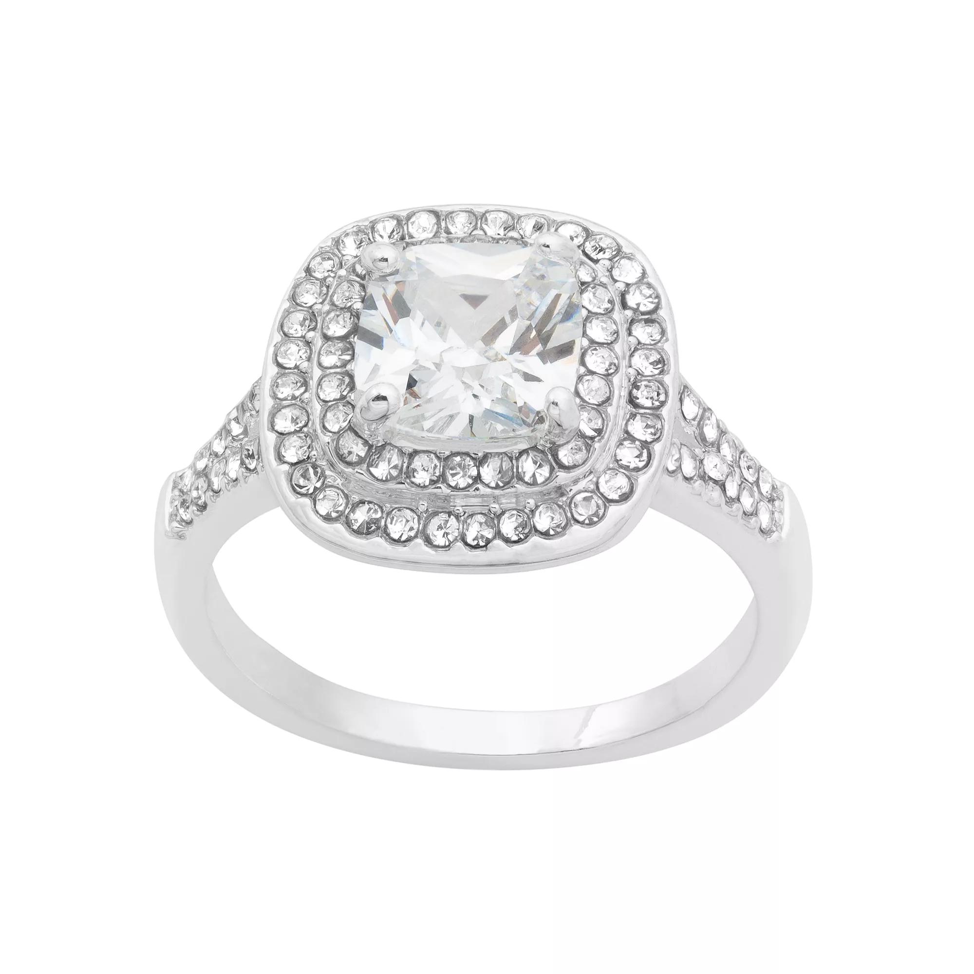 City Luxe Silver Tone Clear Cubic Zirconia Cushion Cut Double Halo Ring, Women's,  Product Image