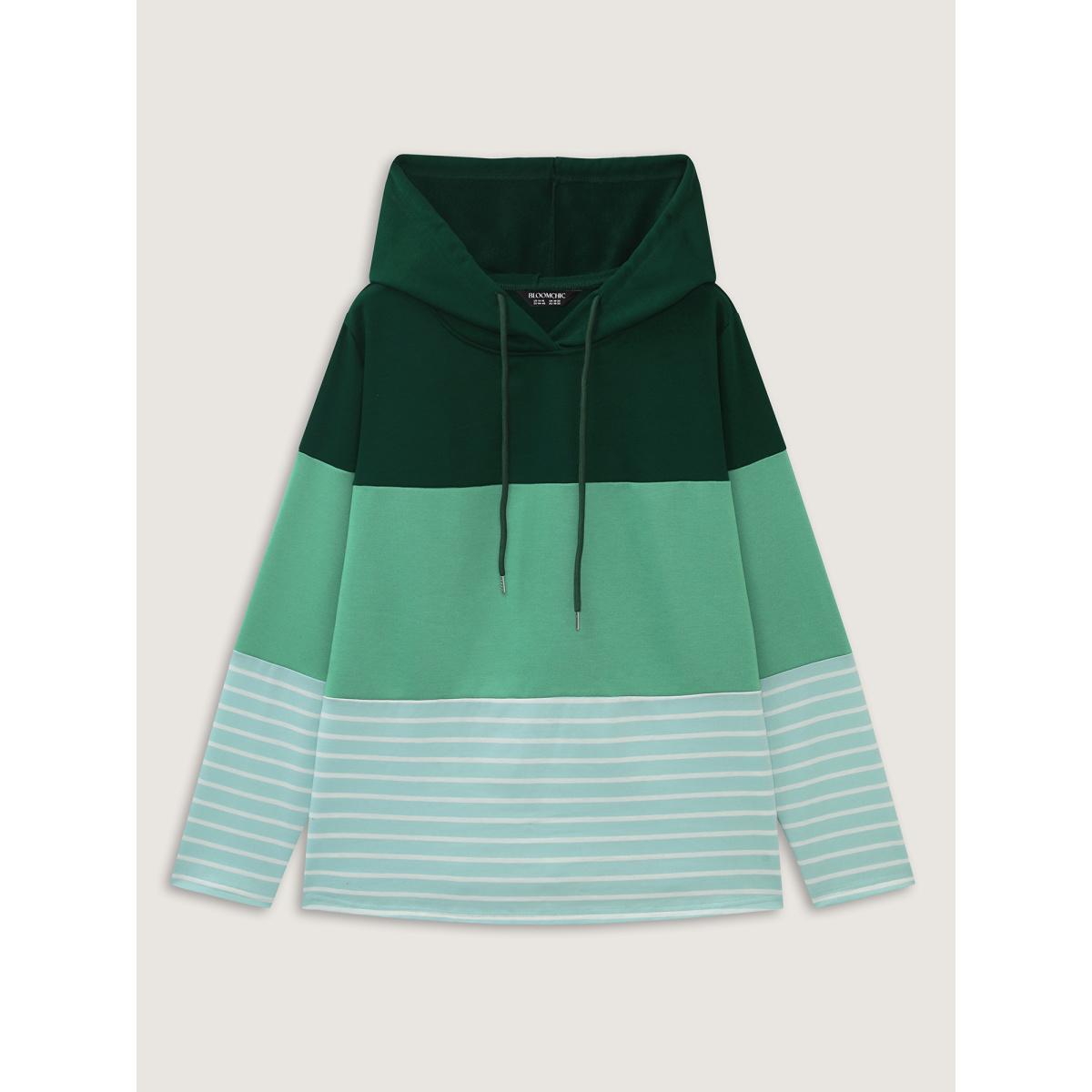 Plus Size Patchwork Striped Drawstring Hoodie Women DarkGreen Leisure Texture Hooded Casual Sweatshirts BloomChic 26/4X Product Image
